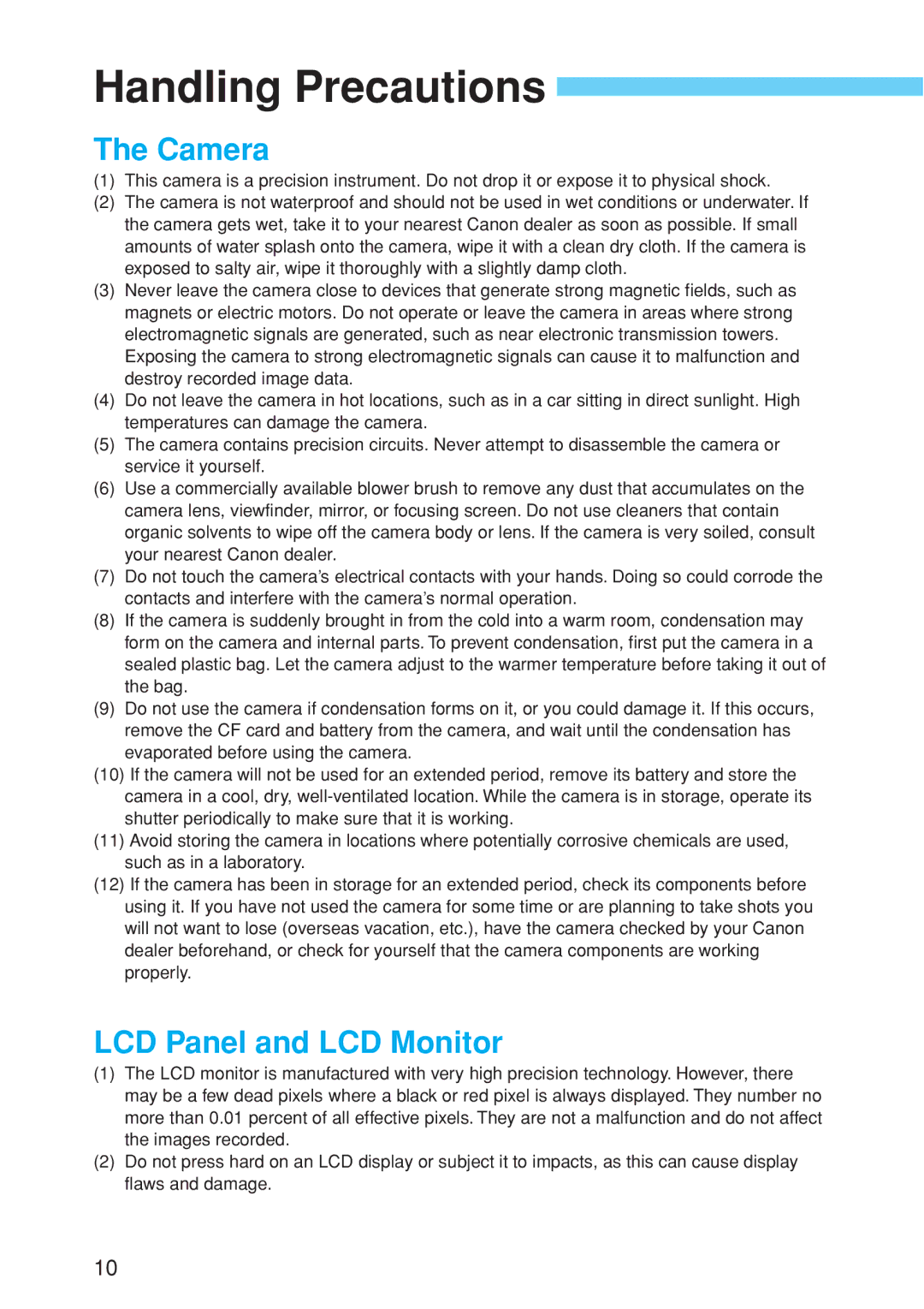 Canon EOS 10D instruction manual Handling Precautions, Camera 