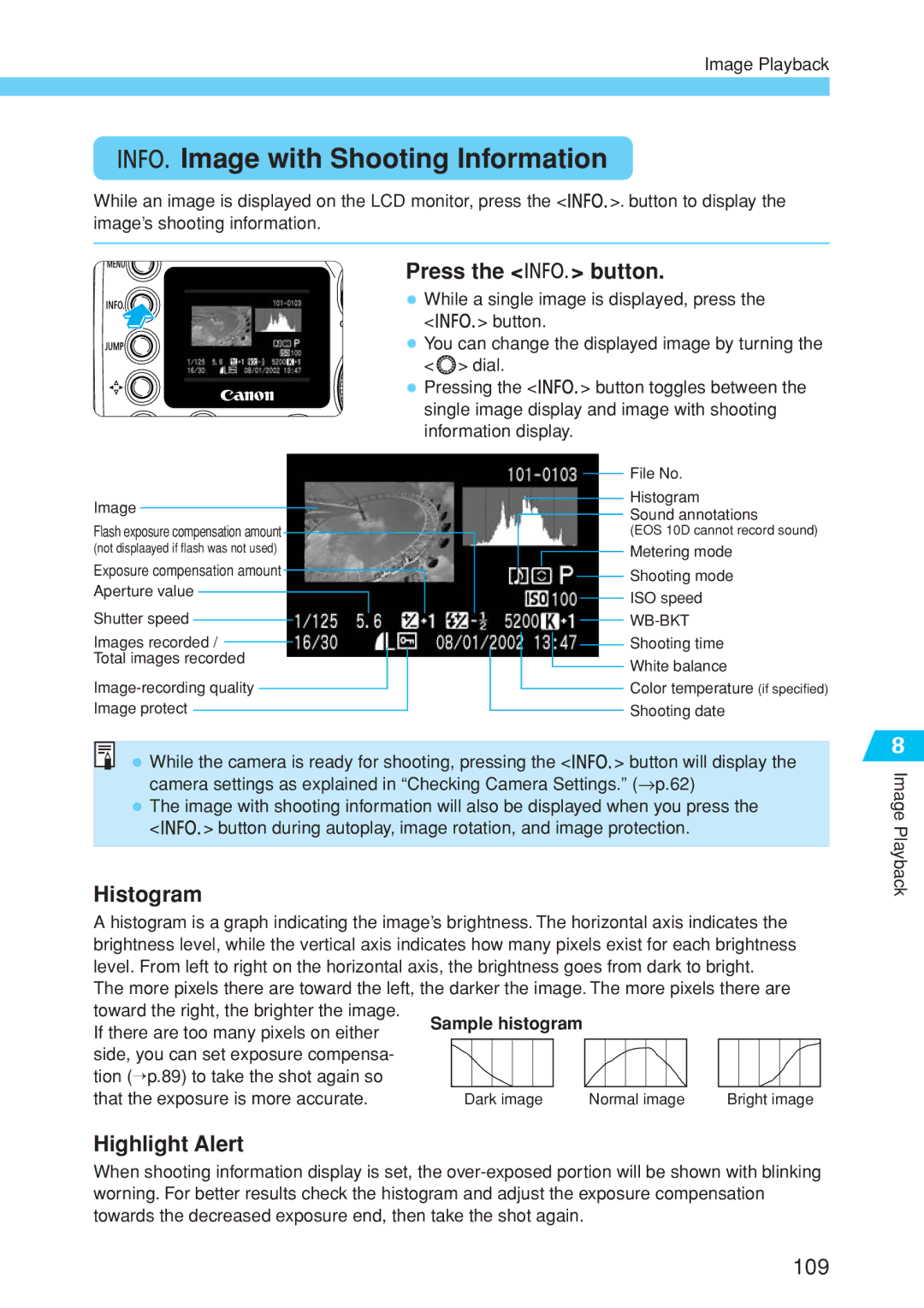 Canon EOS 10D instruction manual Image with Shooting Information, Histogram, Highlight Alert 