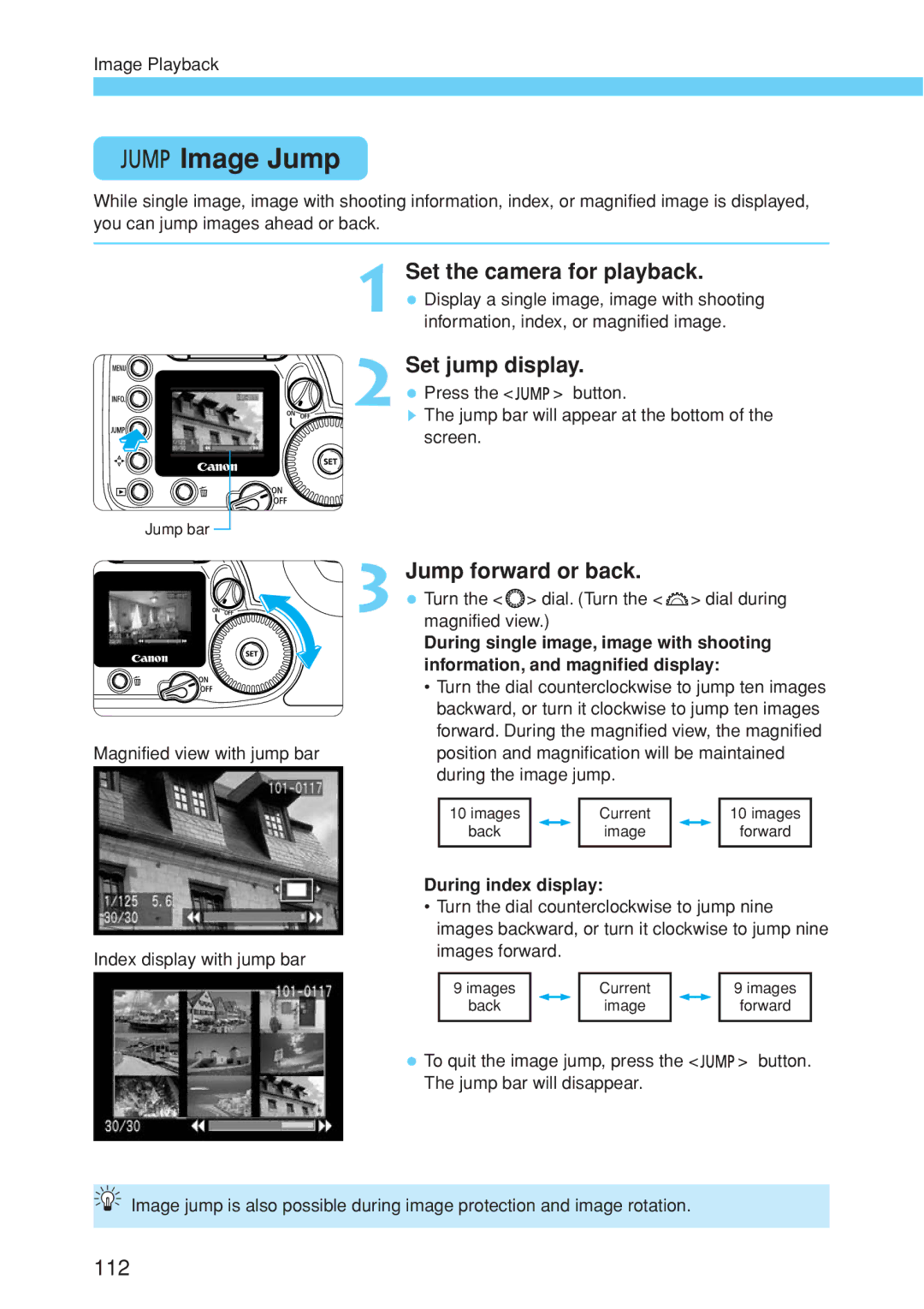 Canon EOS 10D Image Jump, Set the camera for playback, Set jump display, Jump forward or back, During index display 