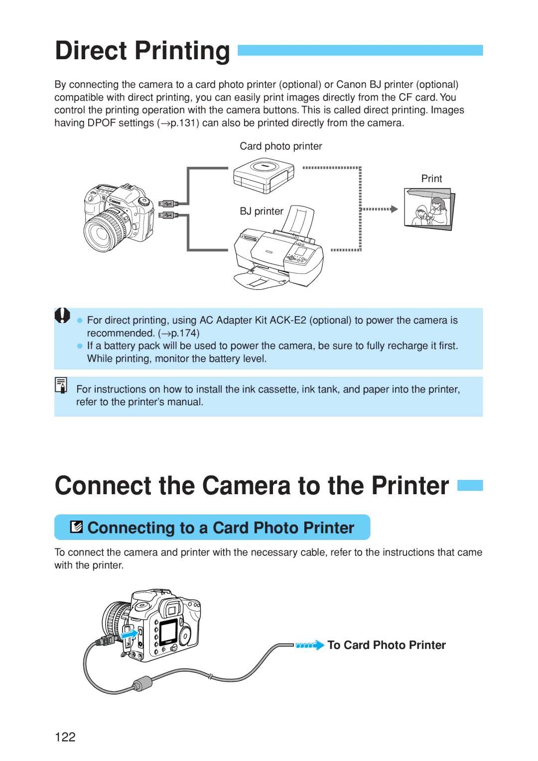 Canon EOS 10D instruction manual Direct Printing, Connect the Camera to the Printer, Connecting to a Card Photo Printer 