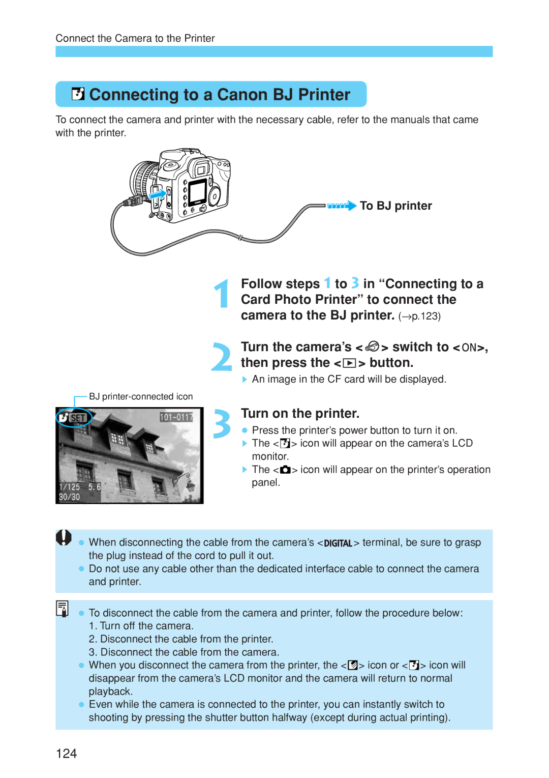 Canon EOS 10D instruction manual Connecting to a Canon BJ Printer 