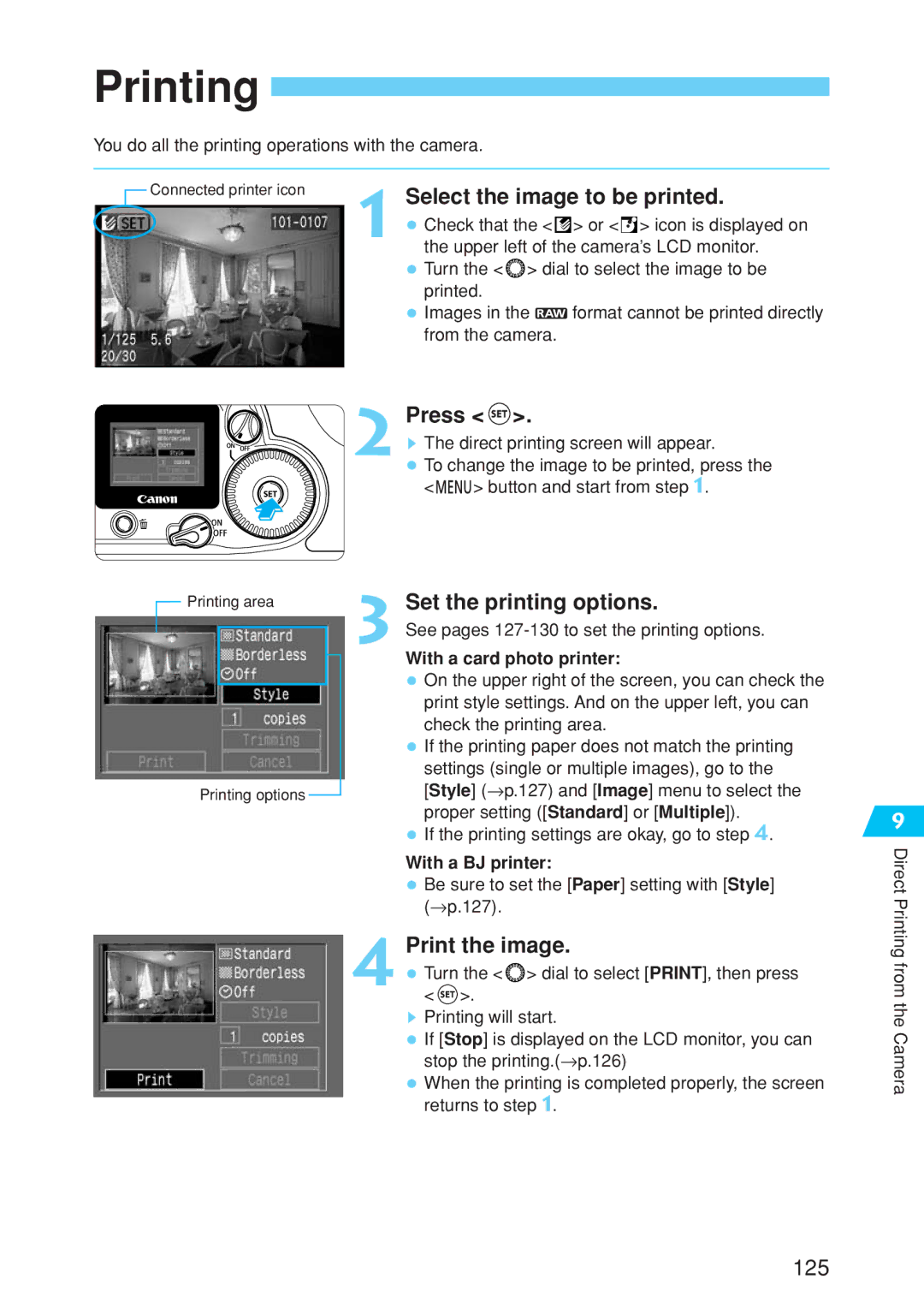 Canon EOS 10D instruction manual Printing, Select the image to be printed, Set the printing options, Print the image 