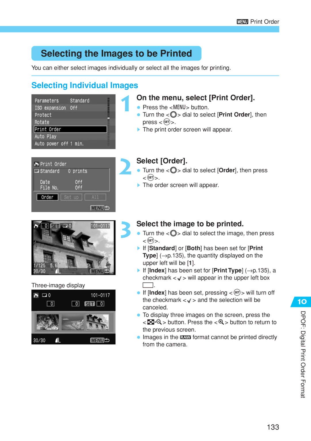 Canon EOS 10D instruction manual Selecting the Images to be Printed, On the menu, select Print Order, Select Order 