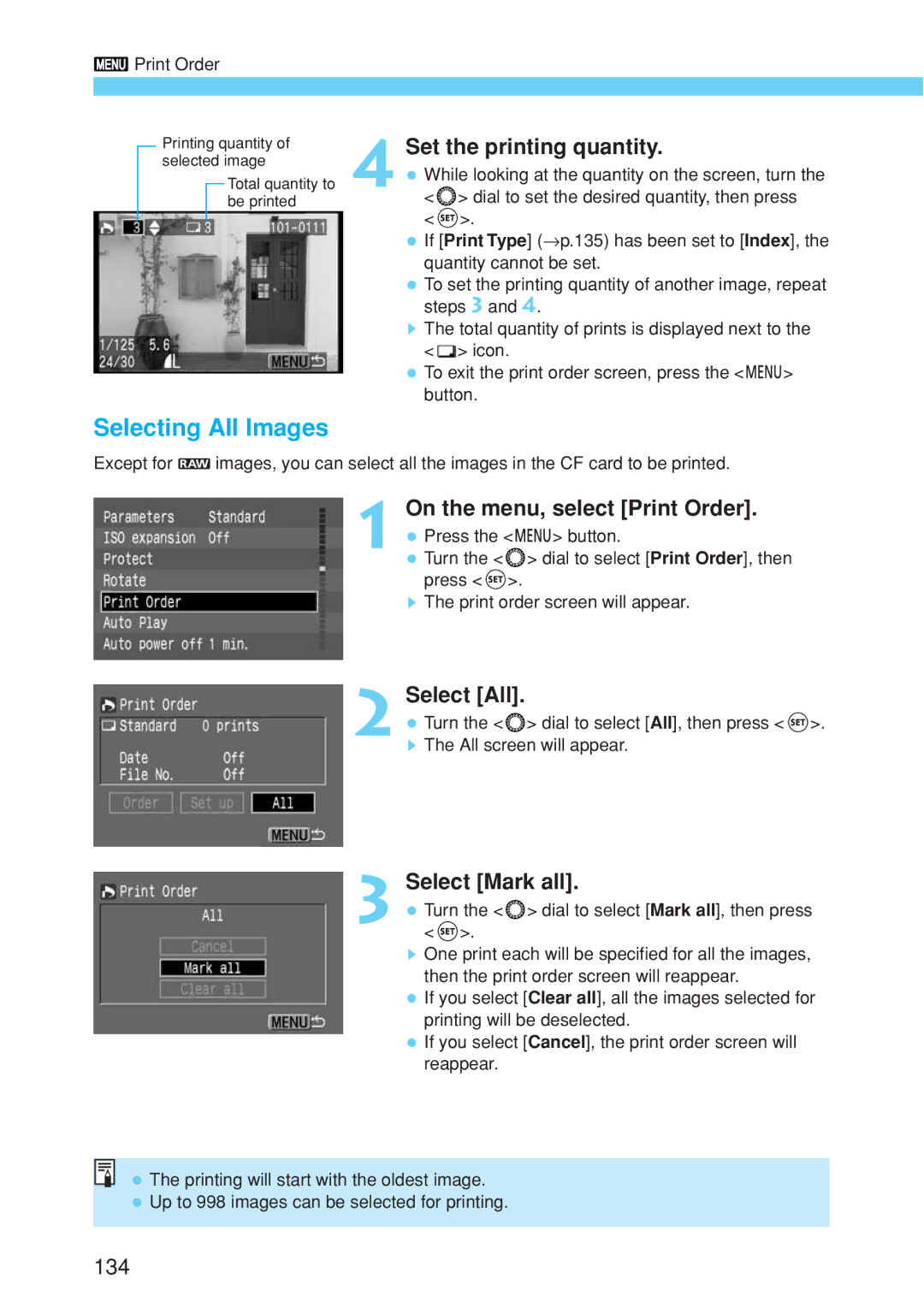 Canon EOS 10D instruction manual Set the printing quantity, Select Mark all 