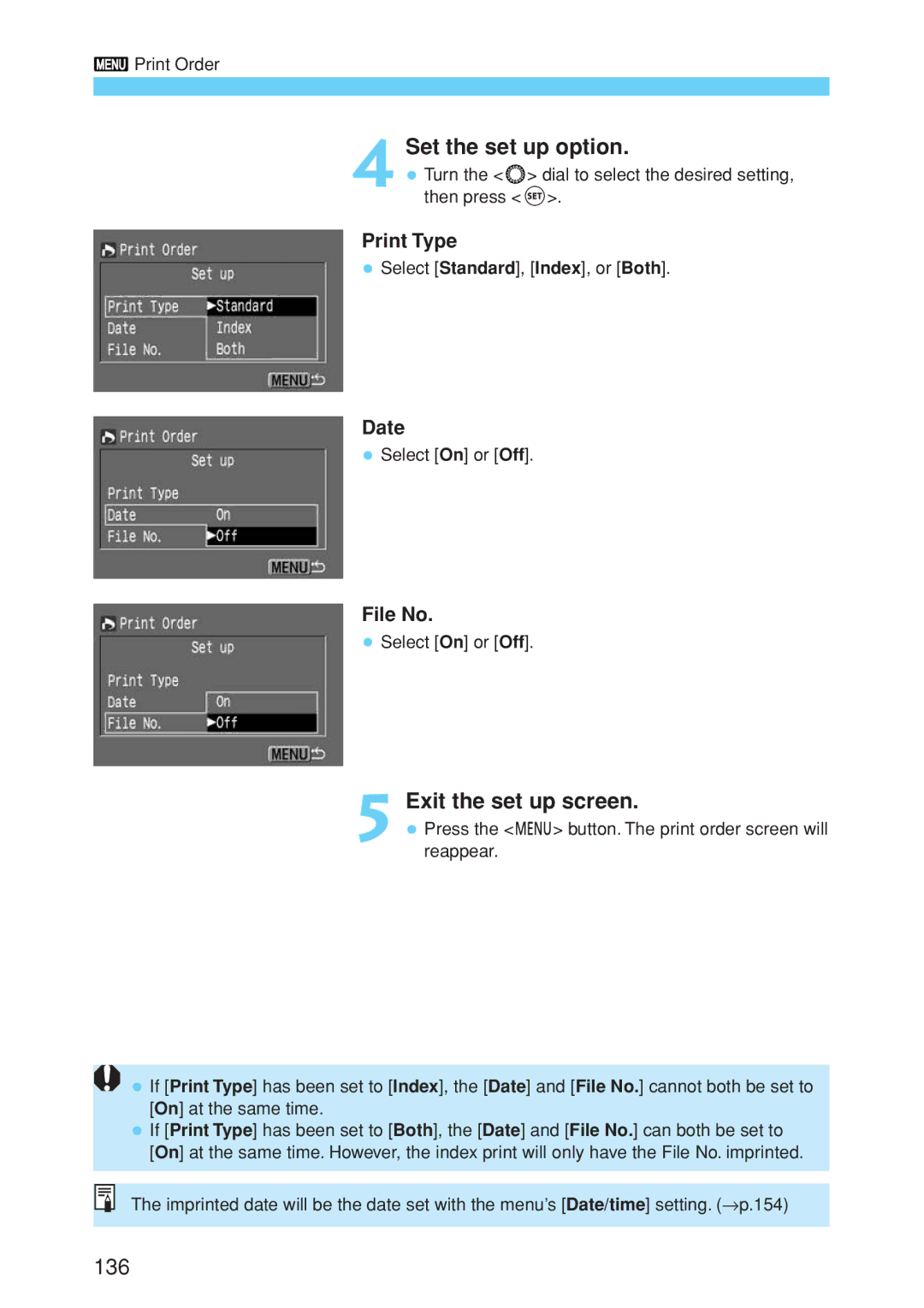 Canon EOS 10D instruction manual Set the set up option, Exit the set up screen 