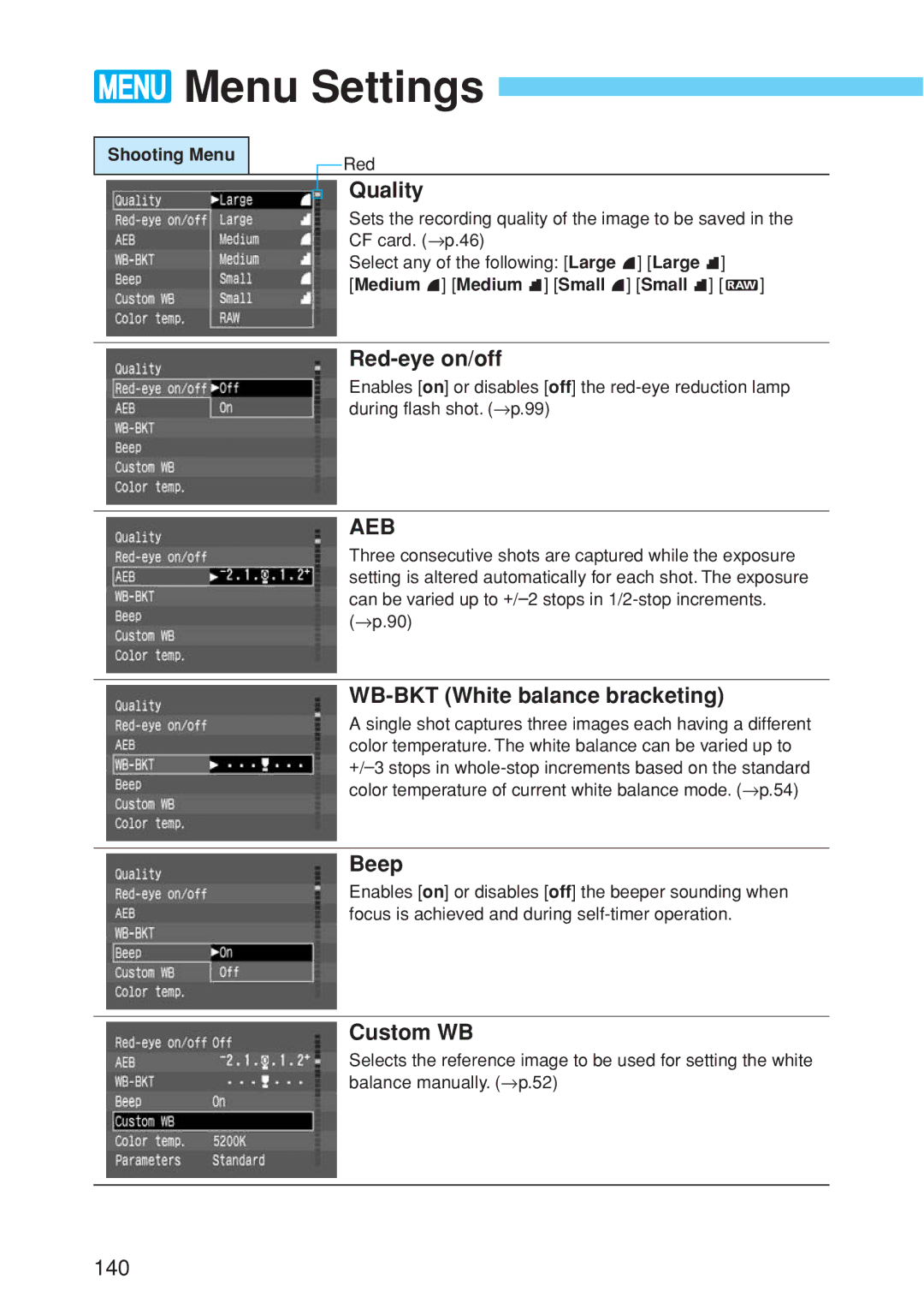 Canon EOS 10D instruction manual Menu Settings 