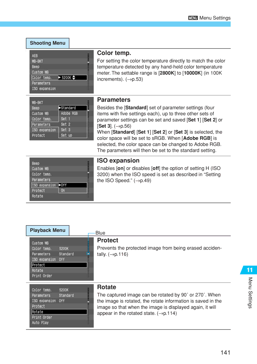 Canon EOS 10D instruction manual Color temp, Parameters, ISO expansion, Protect, Rotate 