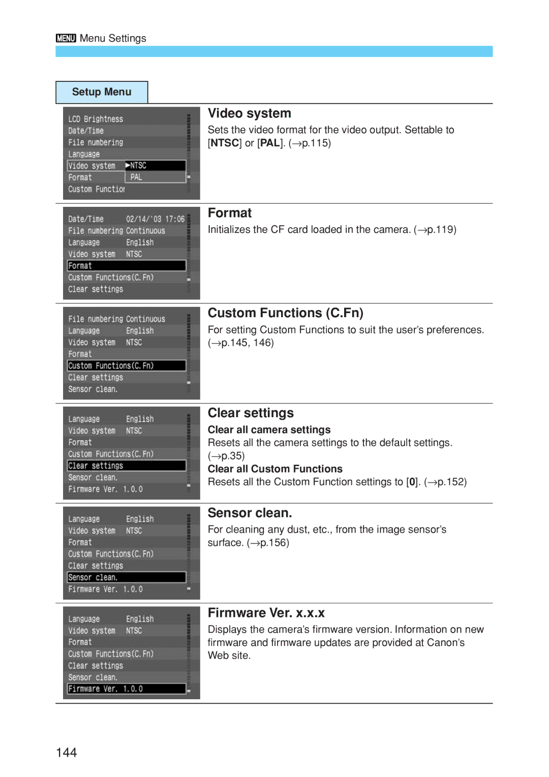 Canon EOS 10D instruction manual Video system, Format, Custom Functions C.Fn, Clear settings, Sensor clean, Firmware Ver 