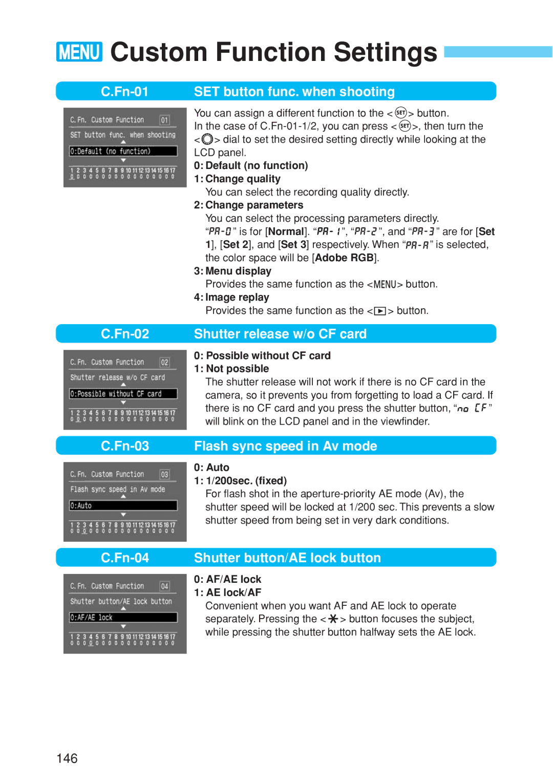 Canon EOS 10D instruction manual Custom Function Settings 