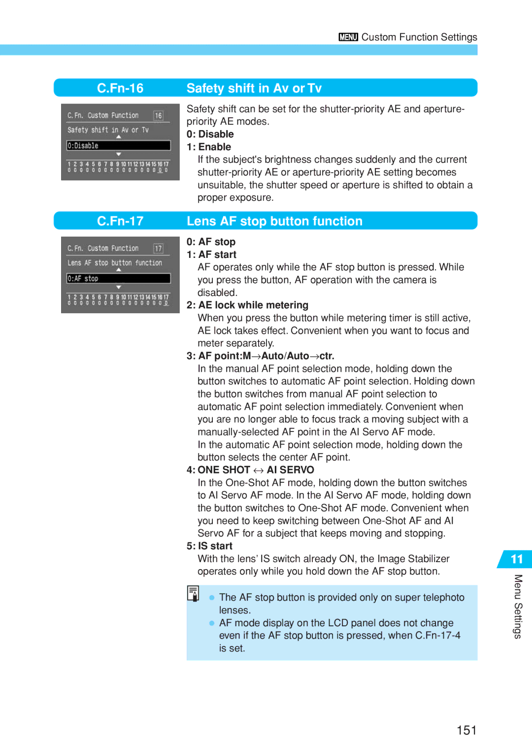 Canon EOS 10D Disable Enable, AF stop AF start, AE lock while metering, AF pointM→Auto/Auto→ctr, Is start 