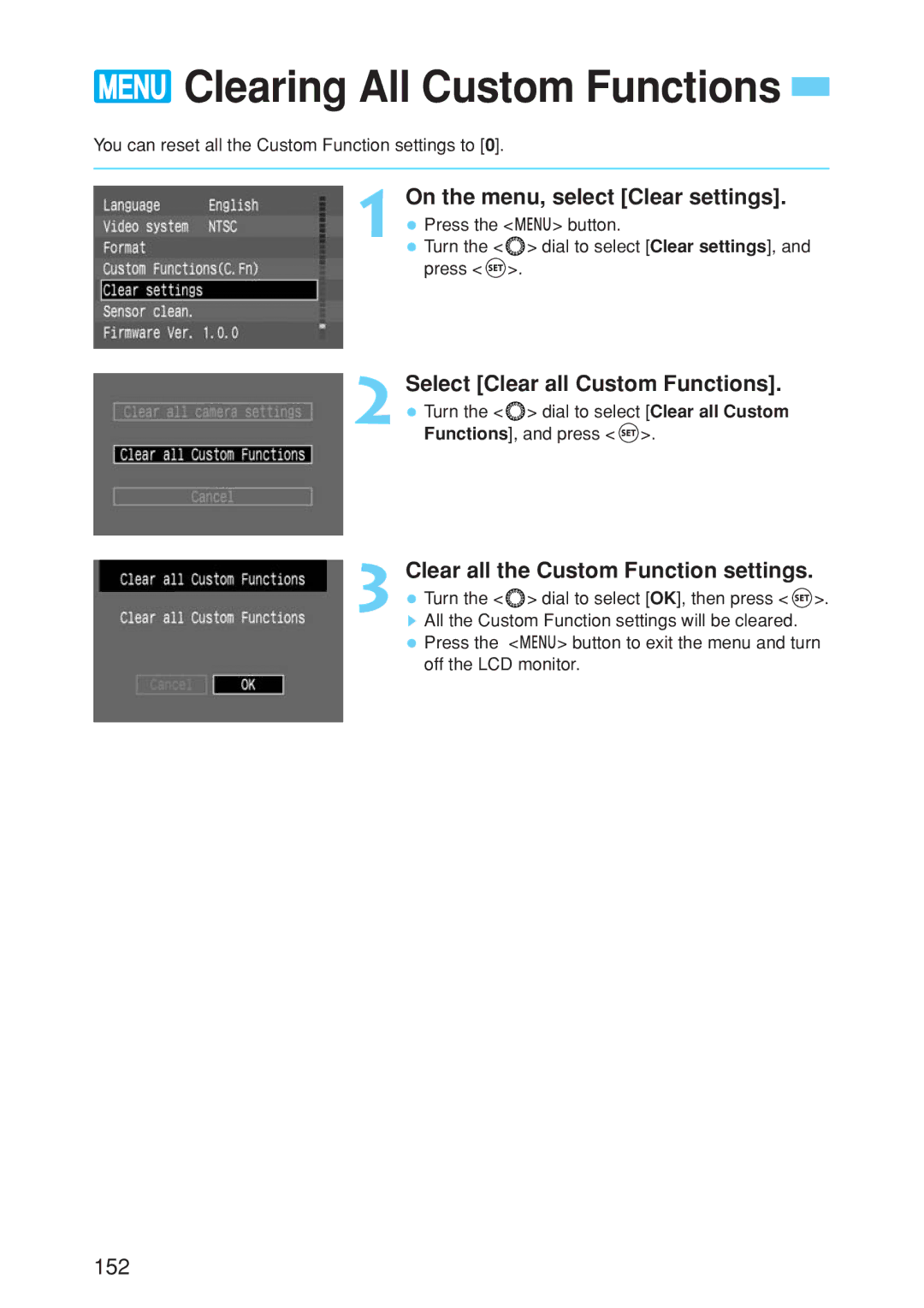 Canon EOS 10D Clearing All Custom Functions, Select Clear all Custom Functions, Clear all the Custom Function settings 