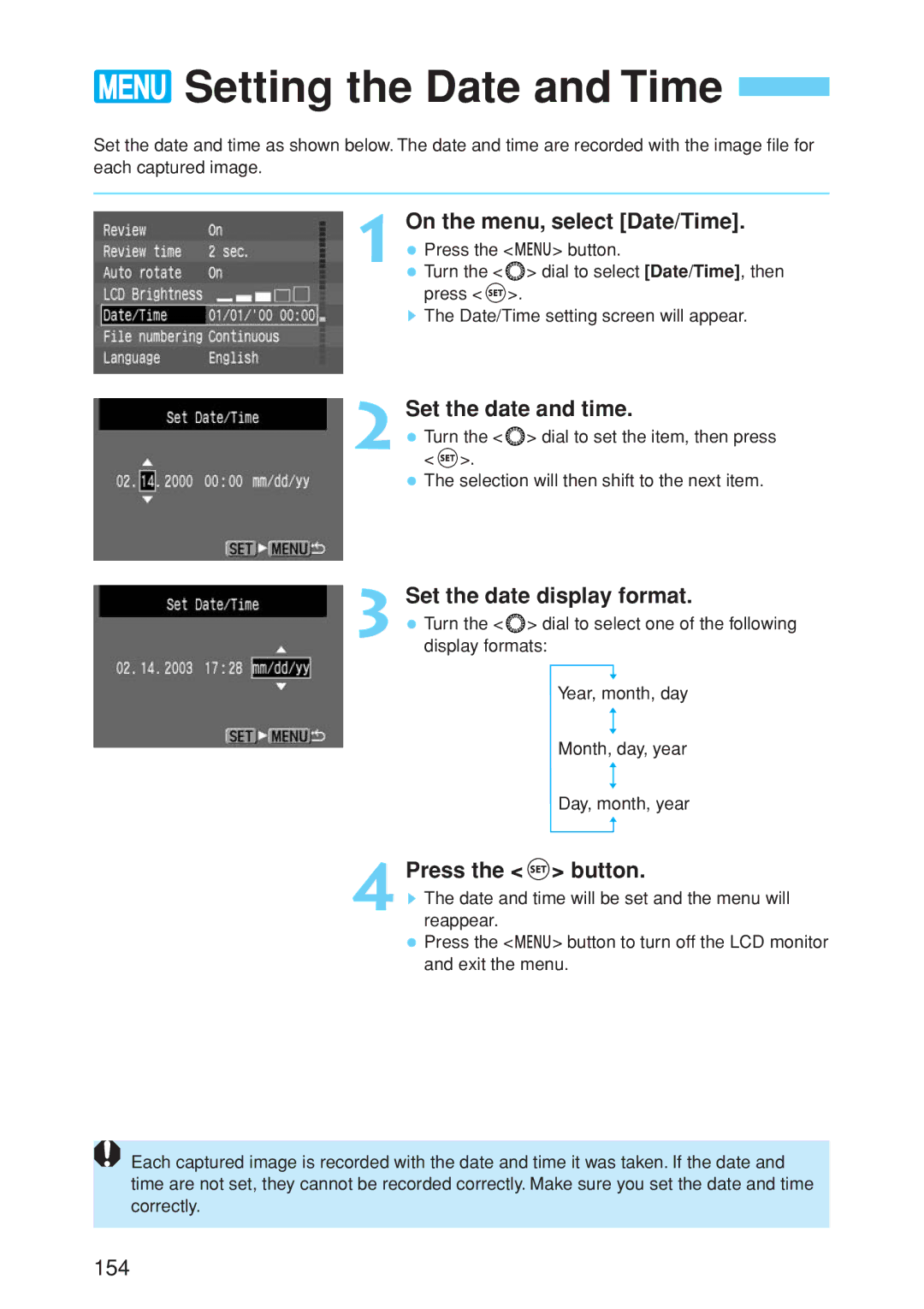 Canon EOS 10D Setting the Date and Time, On the menu, select Date/Time, Set the date and time, Set the date display format 