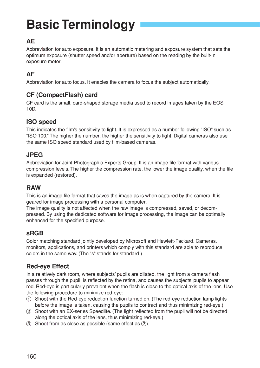 Canon EOS 10D instruction manual Basic Terminology, CF CompactFlash card, ISO speed, Srgb, Red-eye Effect 