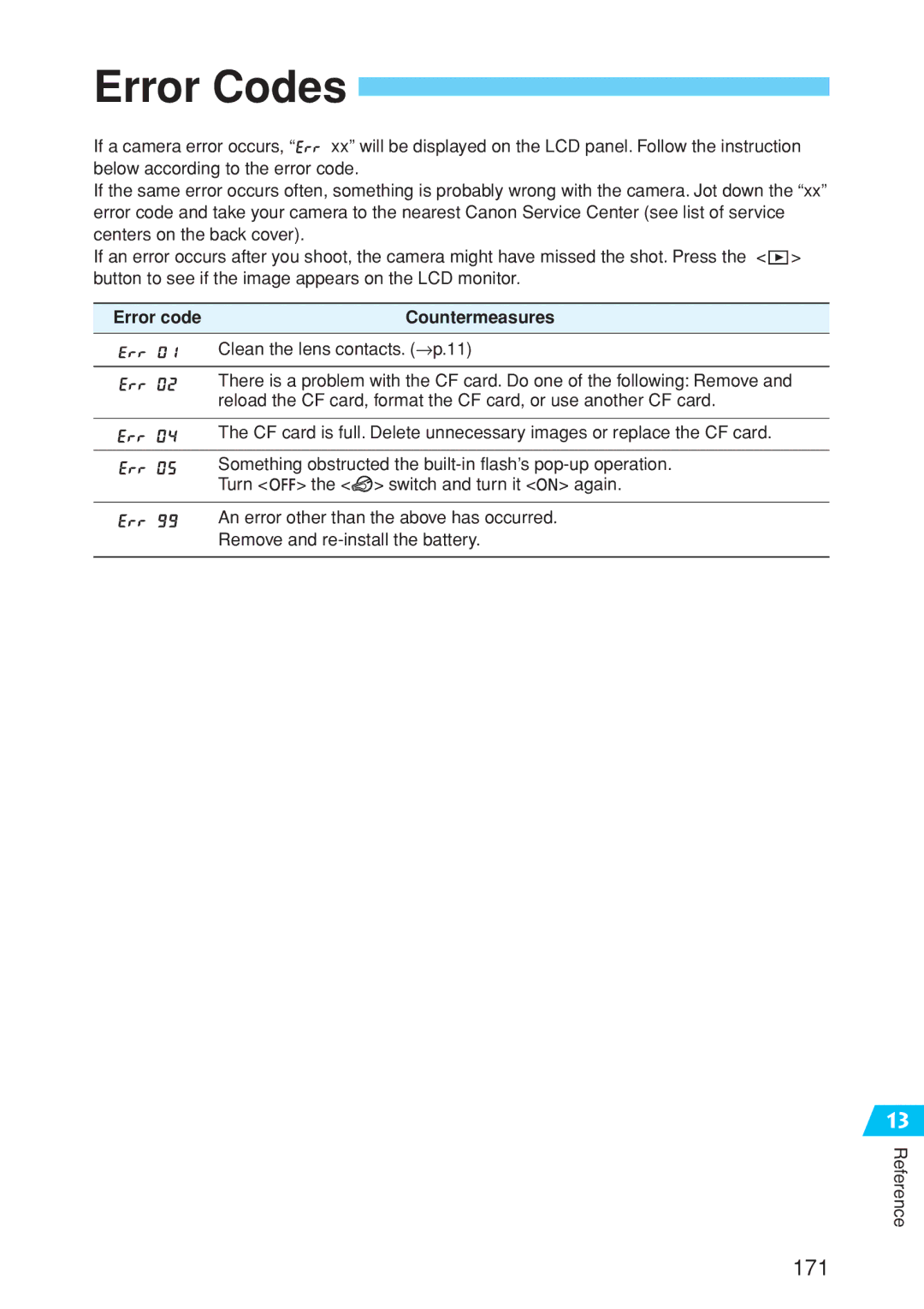 Canon EOS 10D instruction manual Error Codes, Error code Countermeasures 