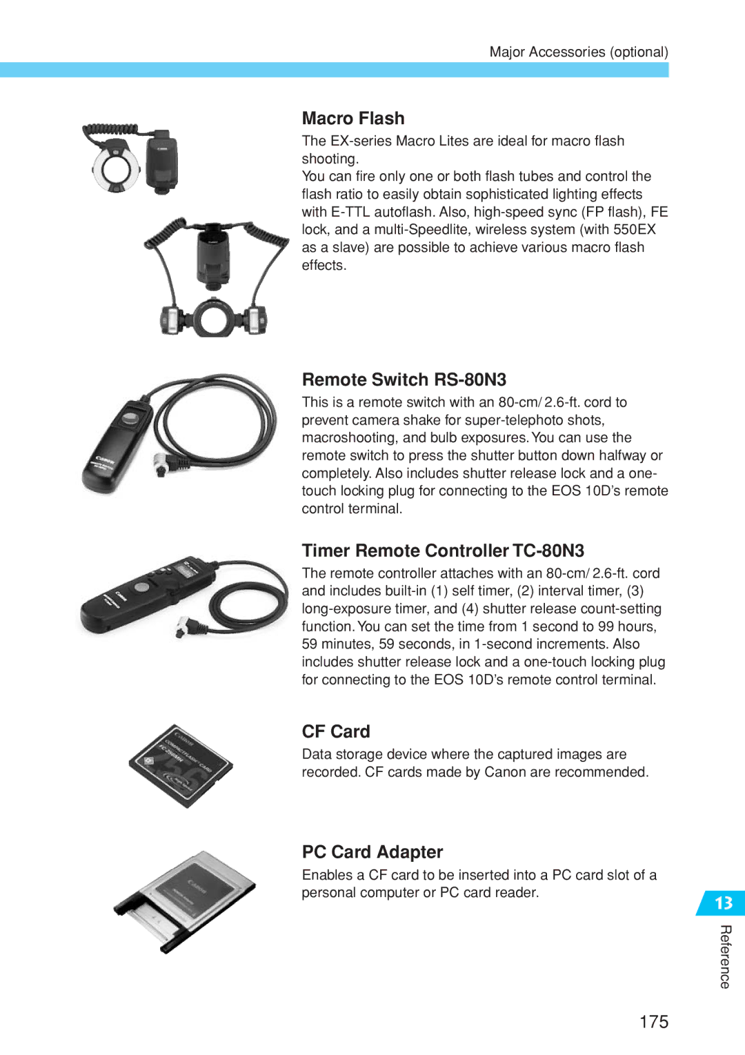 Canon EOS 10D Macro Flash, Remote Switch RS-80N3, Timer Remote Controller TC-80N3, CF Card, PC Card Adapter 