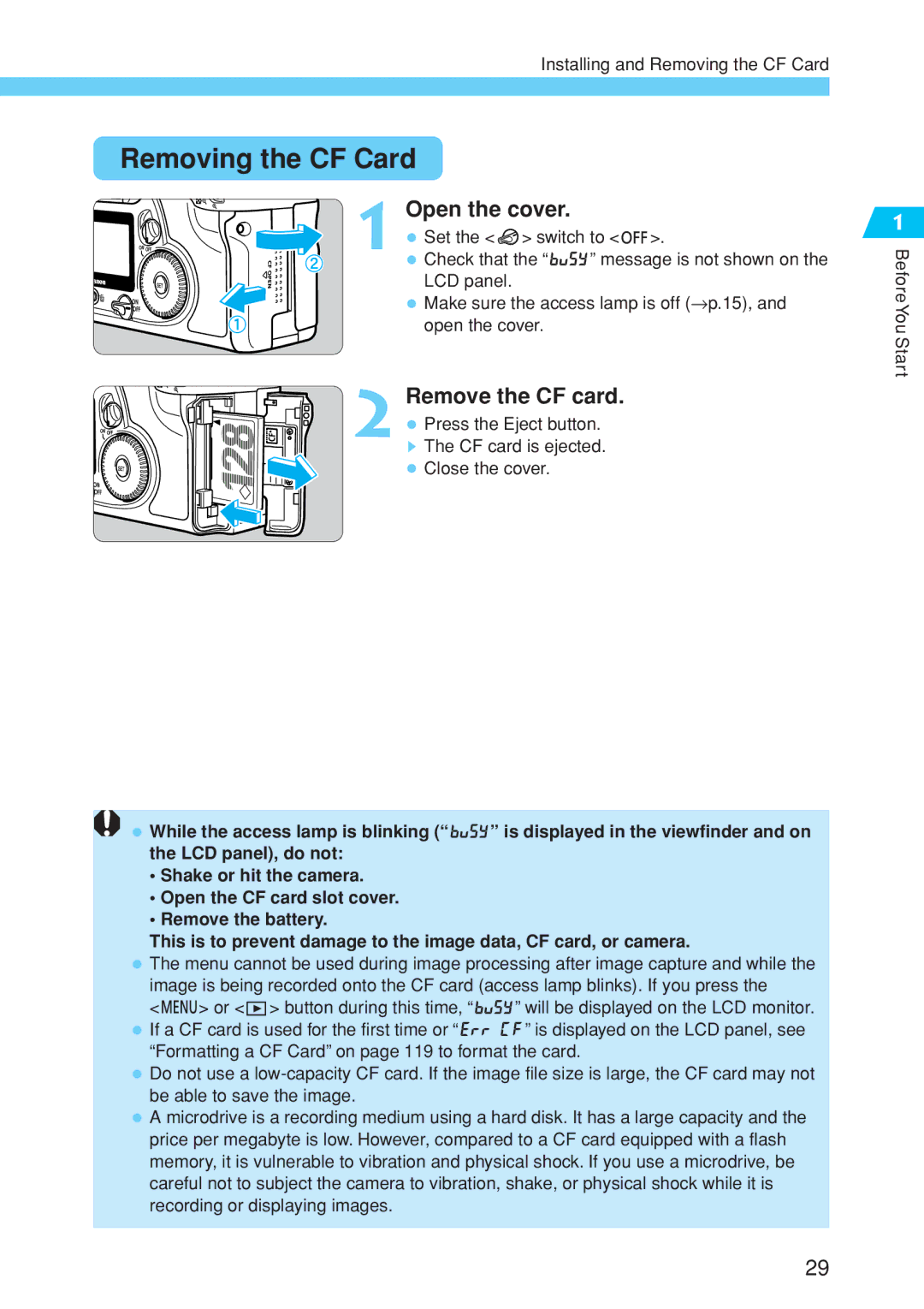 Canon EOS 10D instruction manual Removing the CF Card, Remove the CF card 