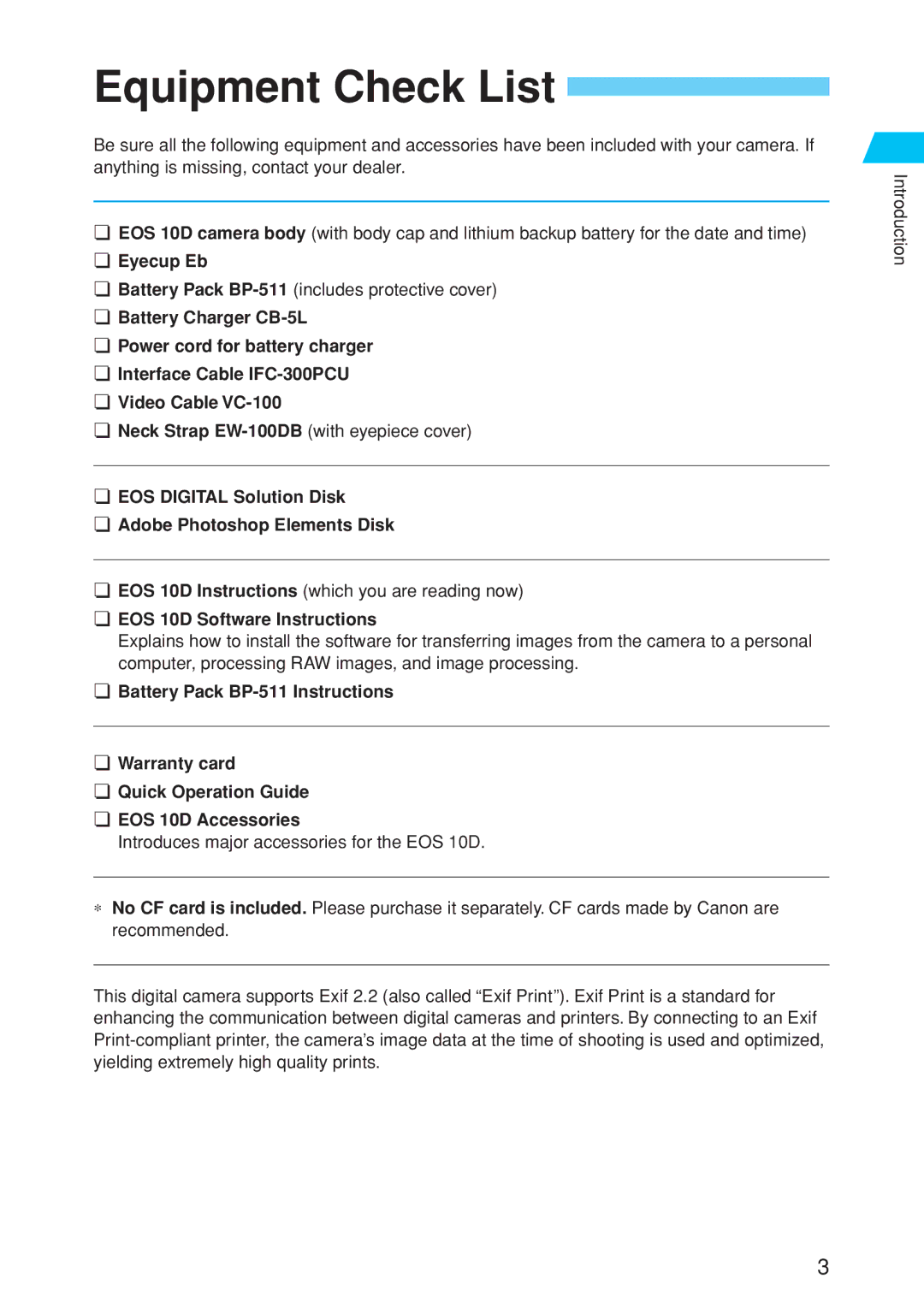 Canon EOS 10D Equipment Check List, ¢ Eyecup Eb, ¢ EOS Digital Solution Disk ¢ Adobe Photoshop Elements Disk 