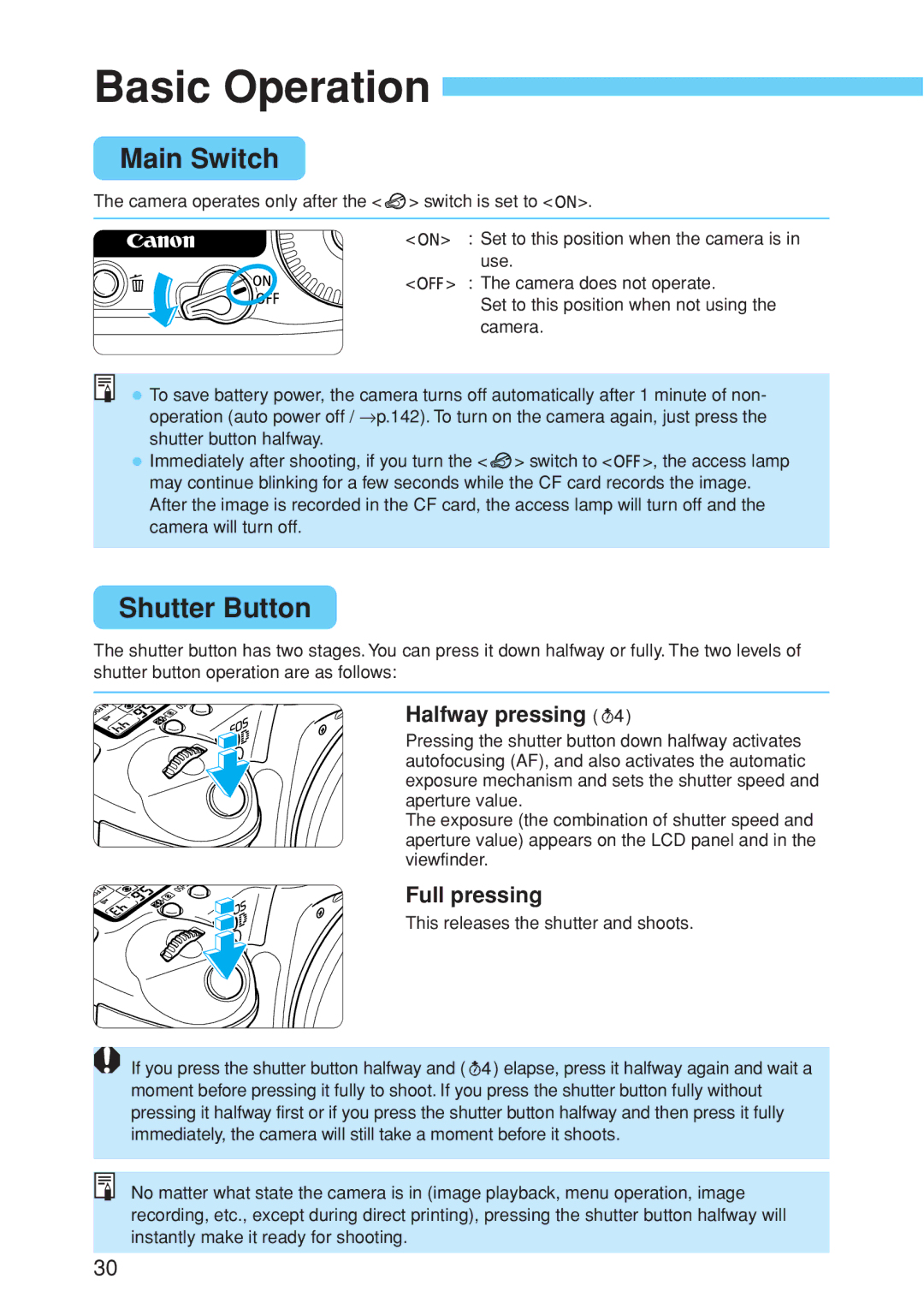 Canon EOS 10D instruction manual Basic Operation, Main Switch, Shutter Button, Halfway pressing, Full pressing 