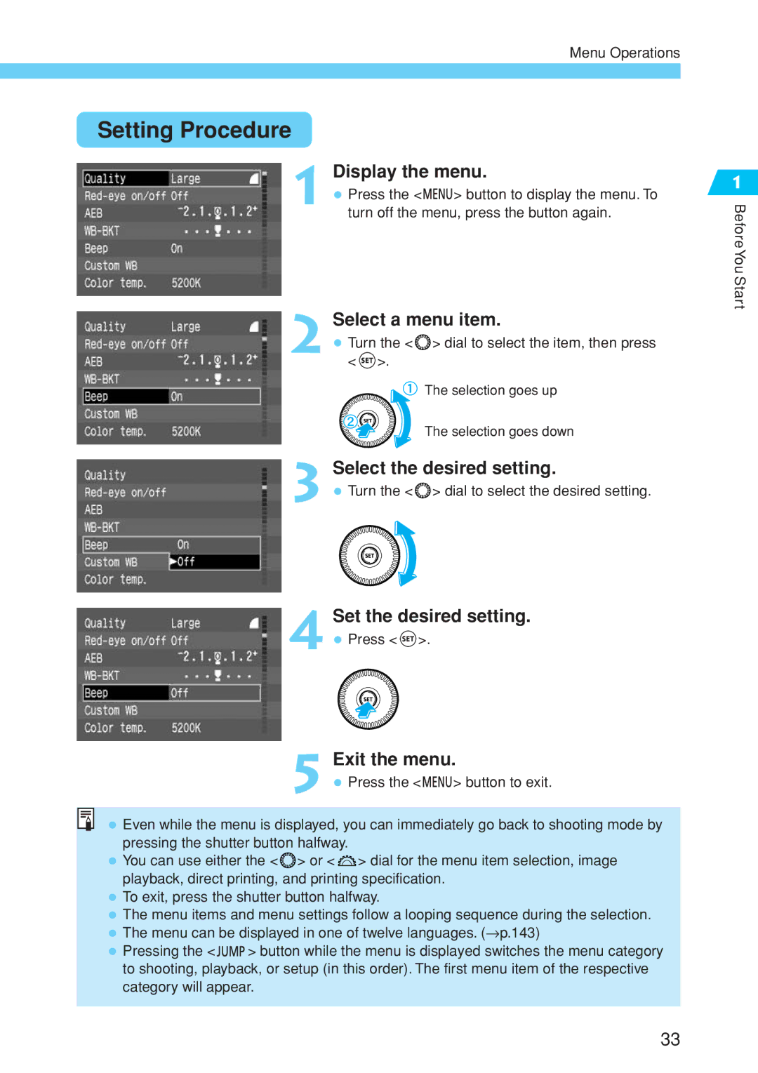 Canon EOS 10D instruction manual Setting Procedure 