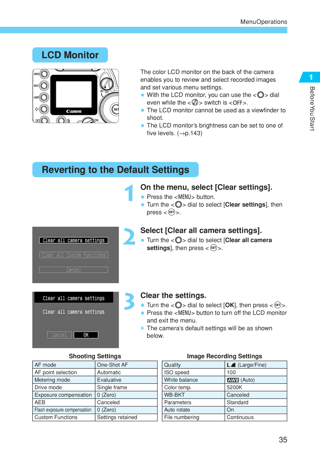 Canon EOS 10D LCD Monitor, Reverting to the Default Settings, On the menu, select Clear settings, Clear the settings 