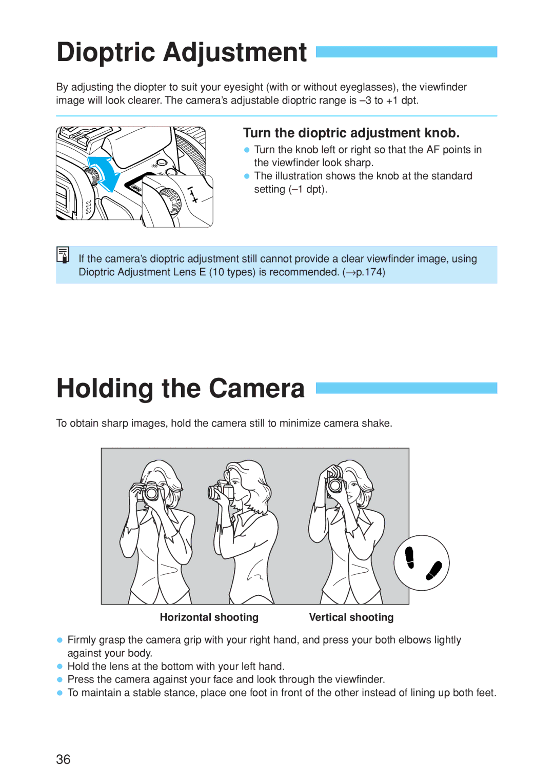 Canon EOS 10D Dioptric Adjustment, Holding the Camera, Turn the dioptric adjustment knob, Horizontal shooting 