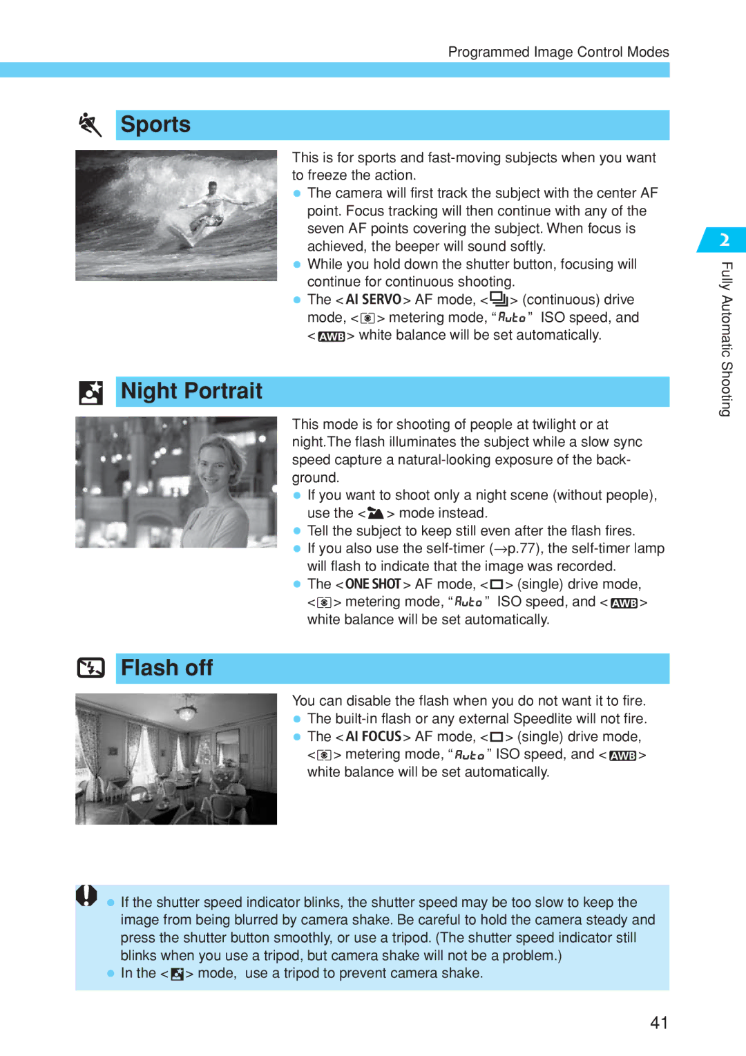 Canon EOS 10D instruction manual Sports, Night Portrait, Flash off 