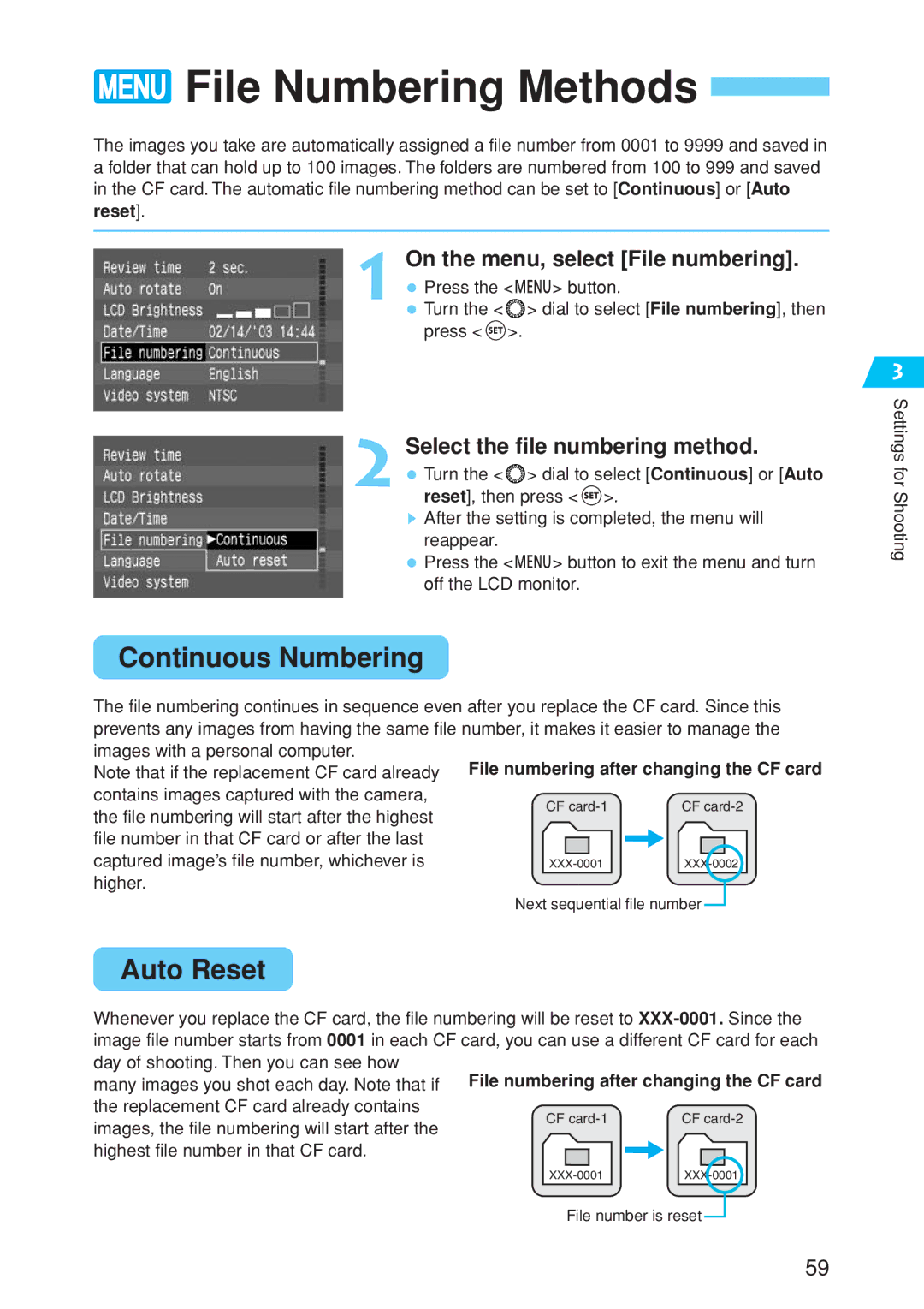 Canon EOS 10D File Numbering Methods, On the menu, select File numbering, Select the file numbering method 