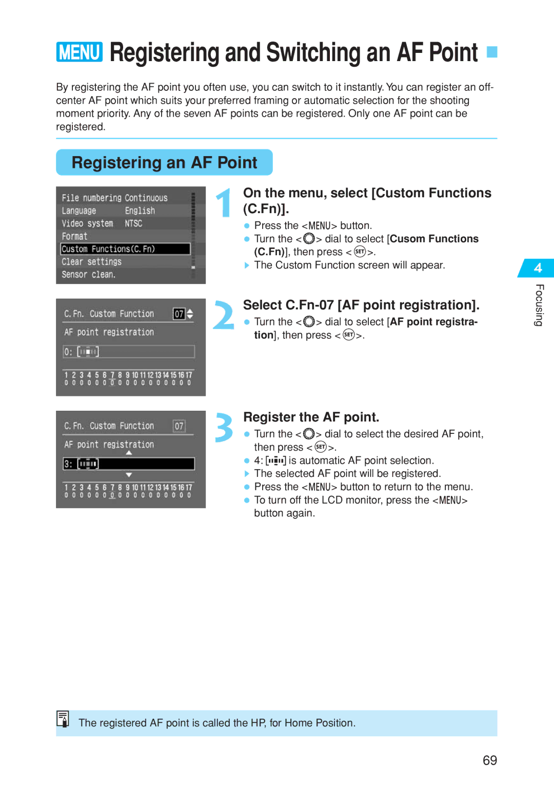 Canon EOS 10D instruction manual Registering an AF Point, Select C.Fn-07 AF point registration, Register the AF point 