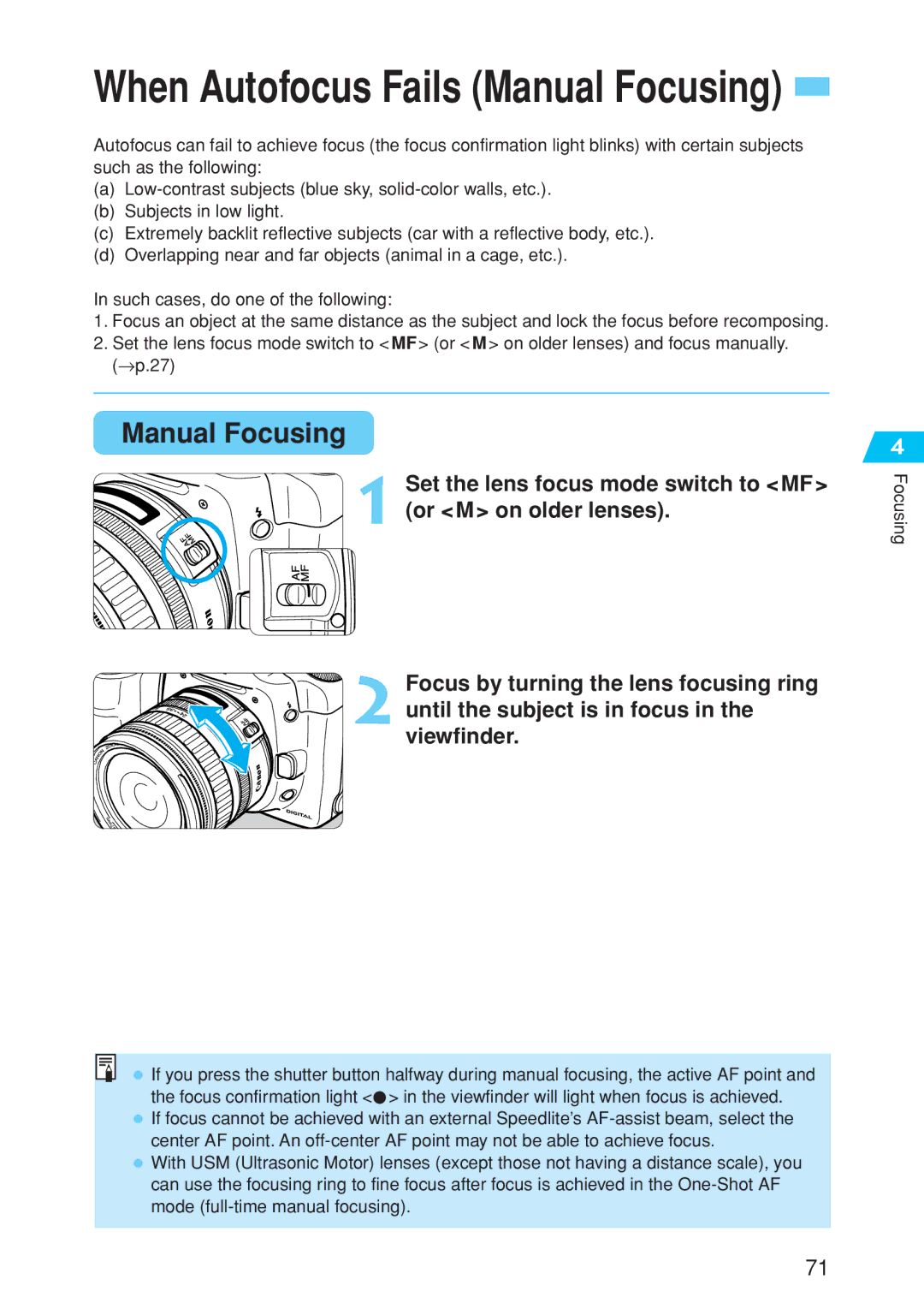 Canon EOS 10D instruction manual When Autofocus Fails Manual Focusing 