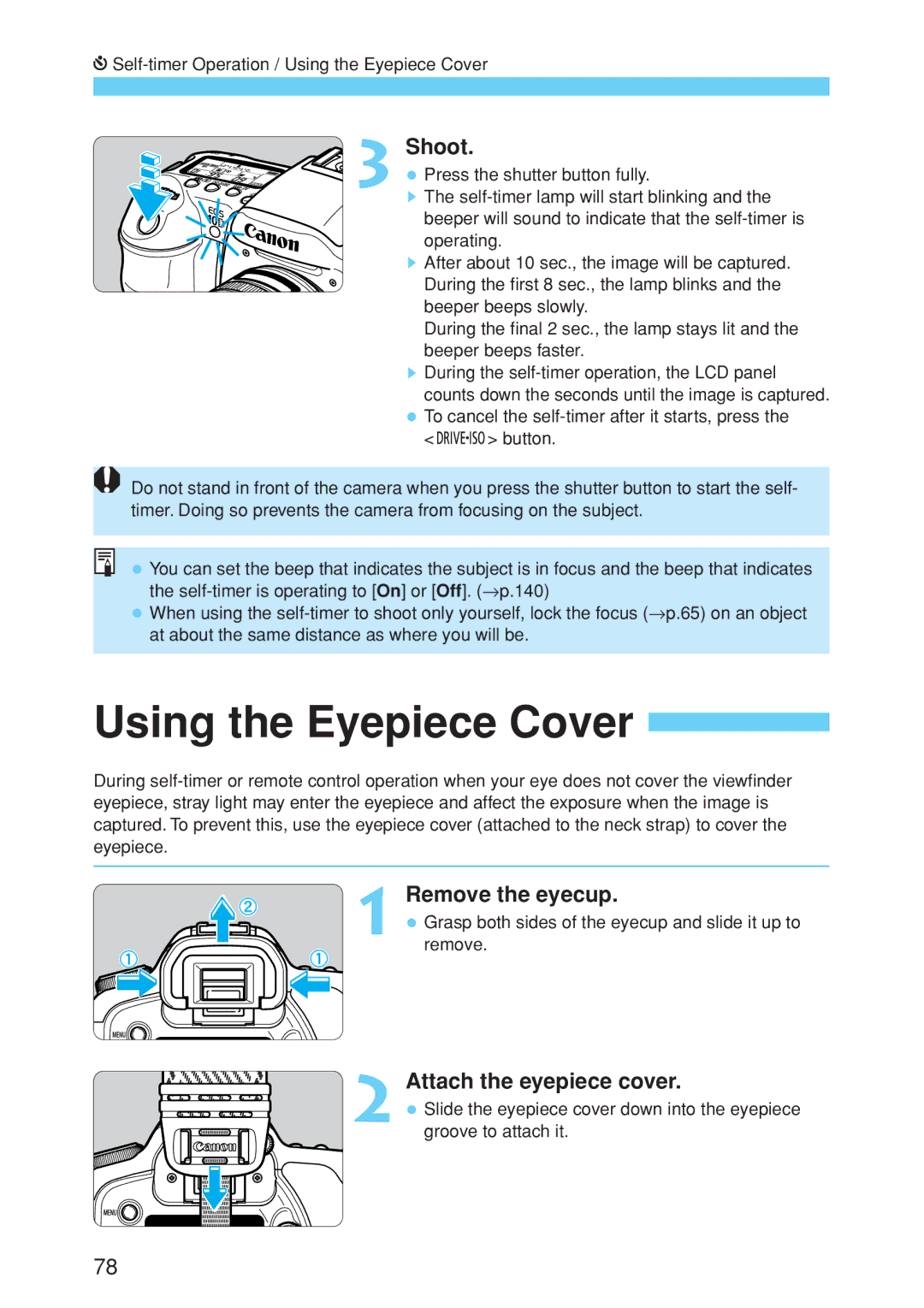 Canon EOS 10D instruction manual Using the Eyepiece Cover, Remove the eyecup, Attach the eyepiece cover 