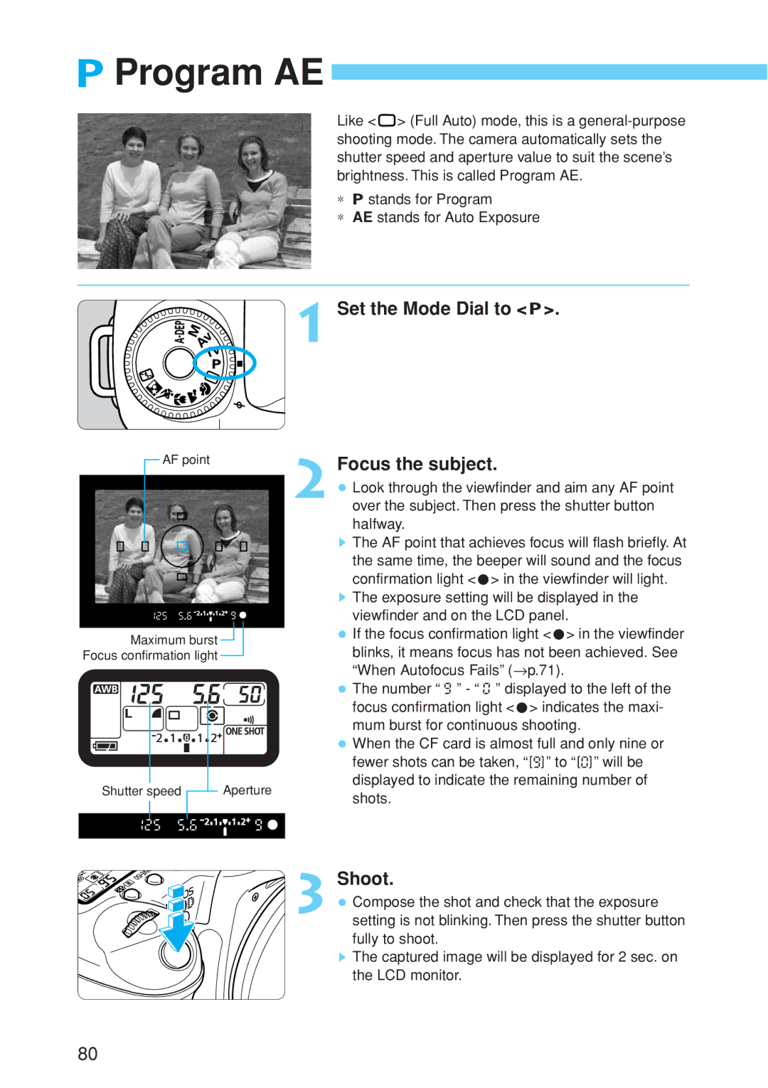 Canon EOS 10D instruction manual Program AE, Halfway 