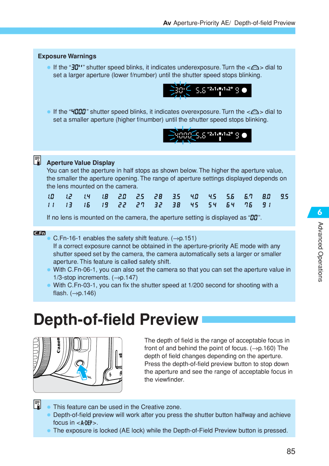 Canon EOS 10D instruction manual Depth-of-field Preview, Aperture Value Display 