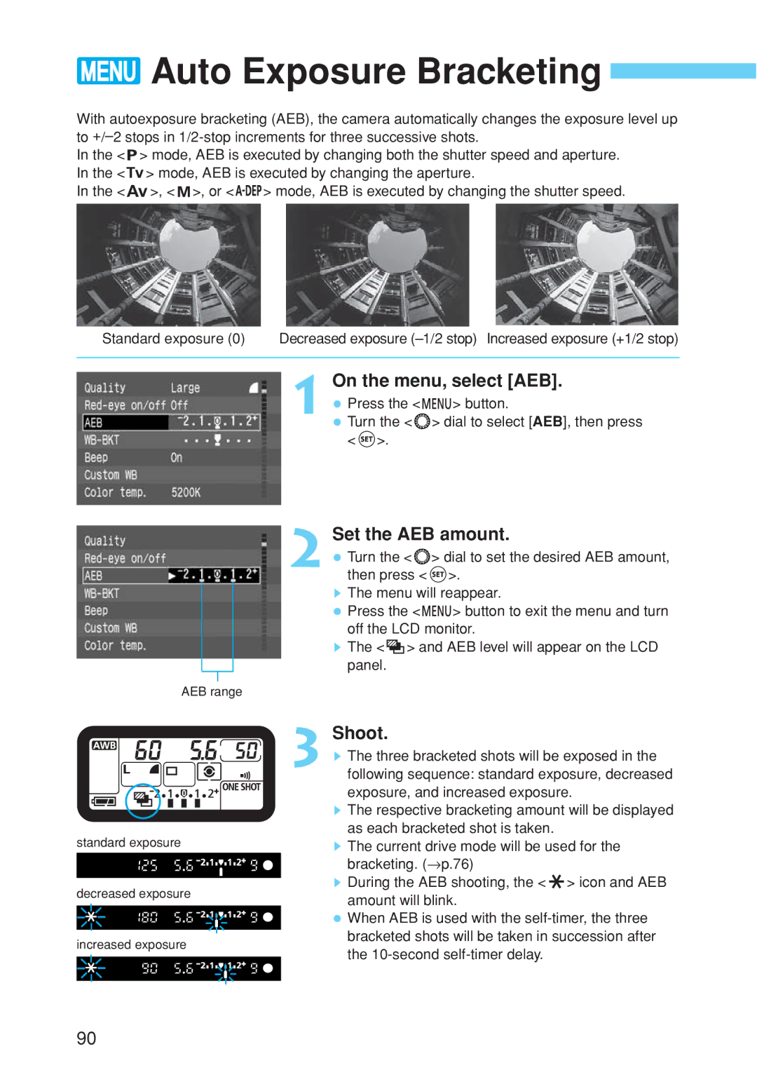 Canon EOS 10D instruction manual Auto Exposure Bracketing, On the menu, select AEB, Set the AEB amount 