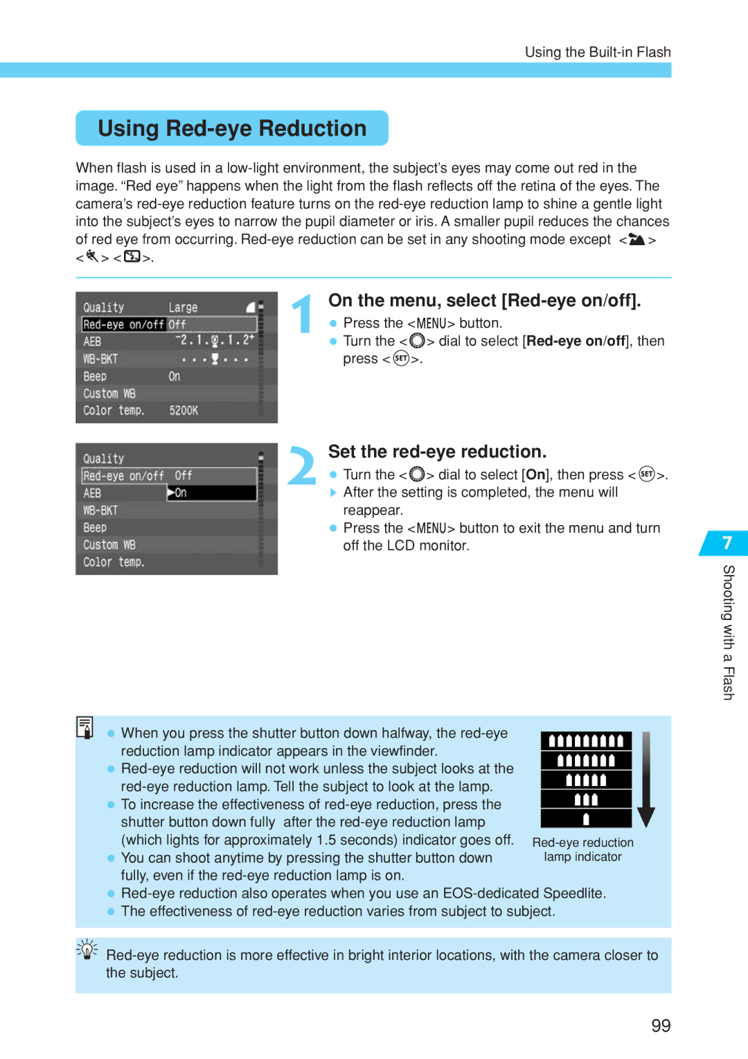 Canon EOS 10D instruction manual Using Red-eye Reduction, On the menu, select Red-eye on/off, Set the red-eye reduction 