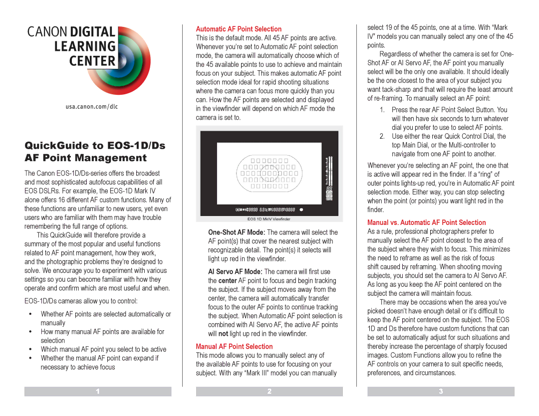 Canon EOS-1D/DS manual QuickGuide to EOS-1D/Ds AF Point Management, Automatic AF Point Selection 