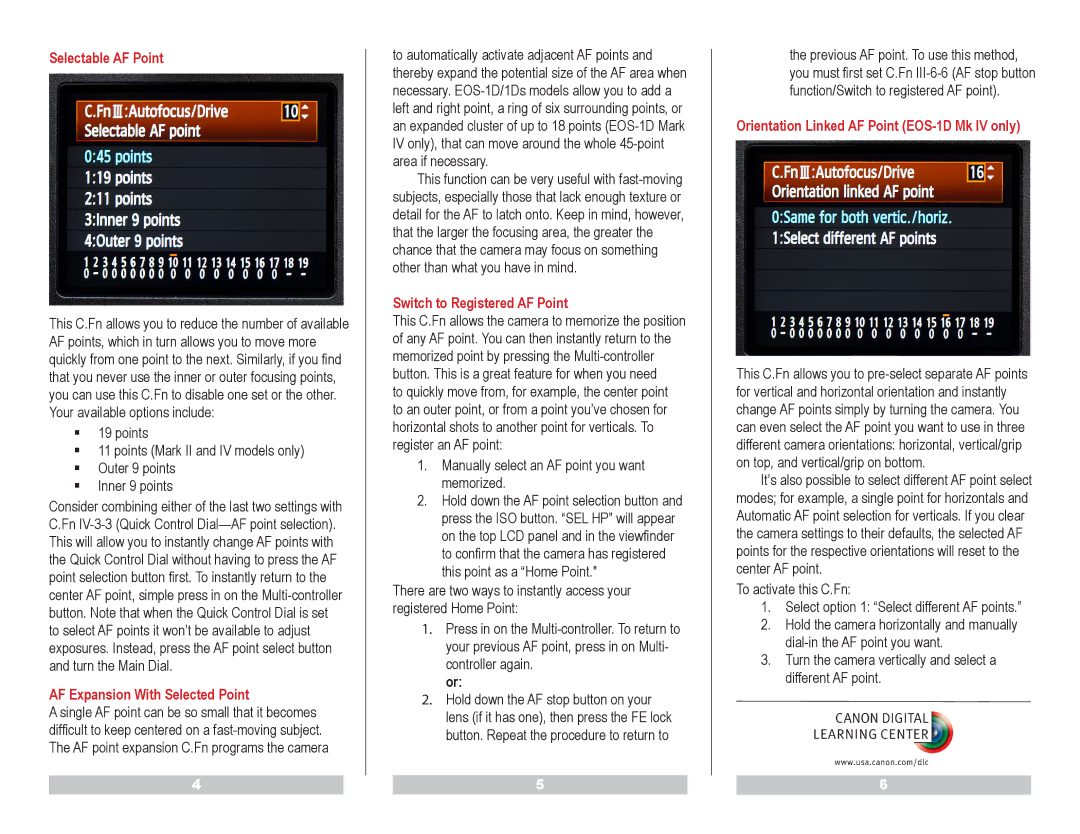 Canon EOS-1D/DS manual Selectable AF Point, AF Expansion With Selected Point, Switch to Registered AF Point 