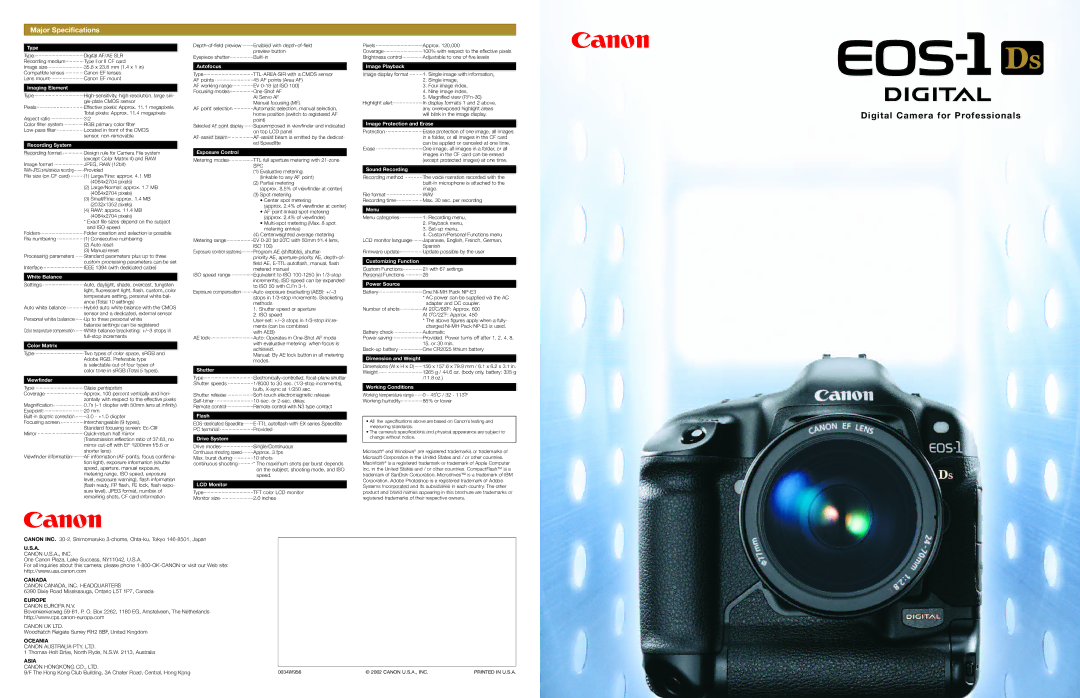 Canon EOS-1Ds specifications Digital Camera for Professionals 