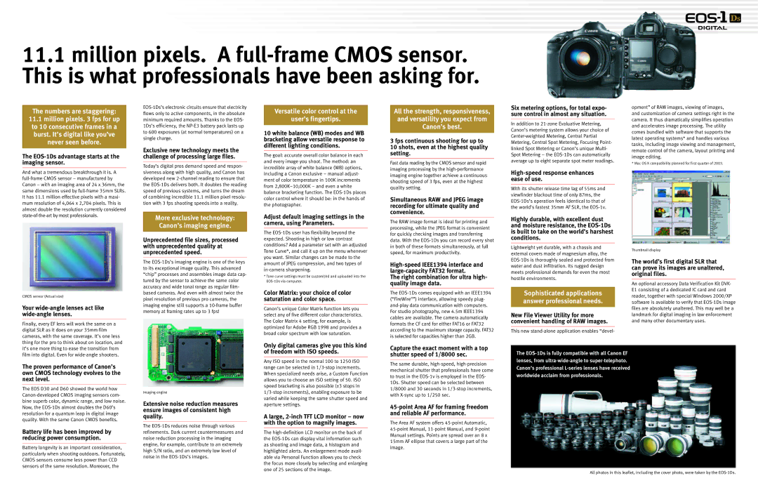 Canon specifications EOS-1Ds advantage starts at the imaging sensor, Unprecedented file sizes, processed 