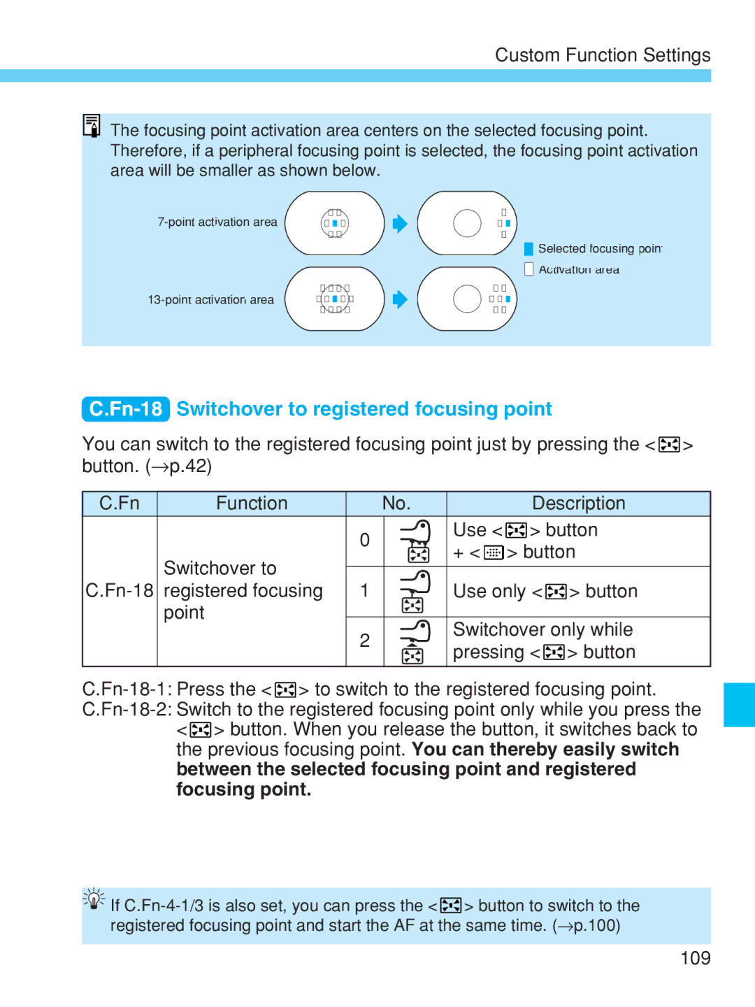 Canon EOS-1V HS manual Fn-18Switchover to registered focusing point 