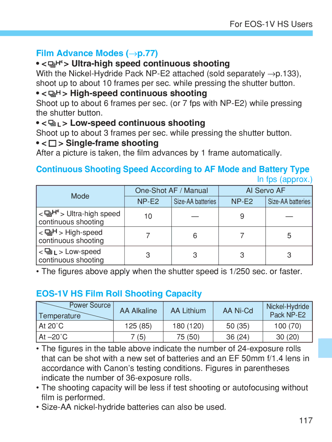 Canon EOS-1V manual Ultra-high speed continuous shooting, High-speed continuous shooting, Low-speed continuous shooting 