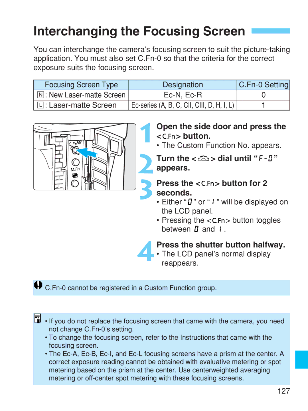 Canon EOS-1V HS manual Interchanging the Focusing Screen, Open the side door and press 