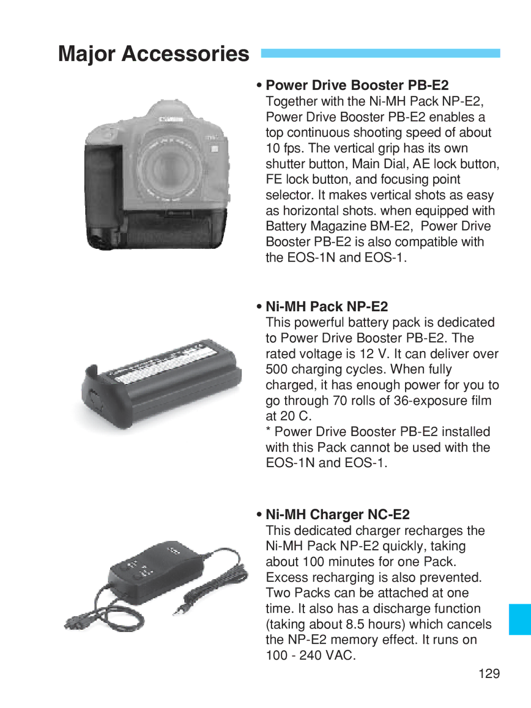 Canon EOS-1V HS manual Major Accessories, Ni-MH Charger NC-E2 