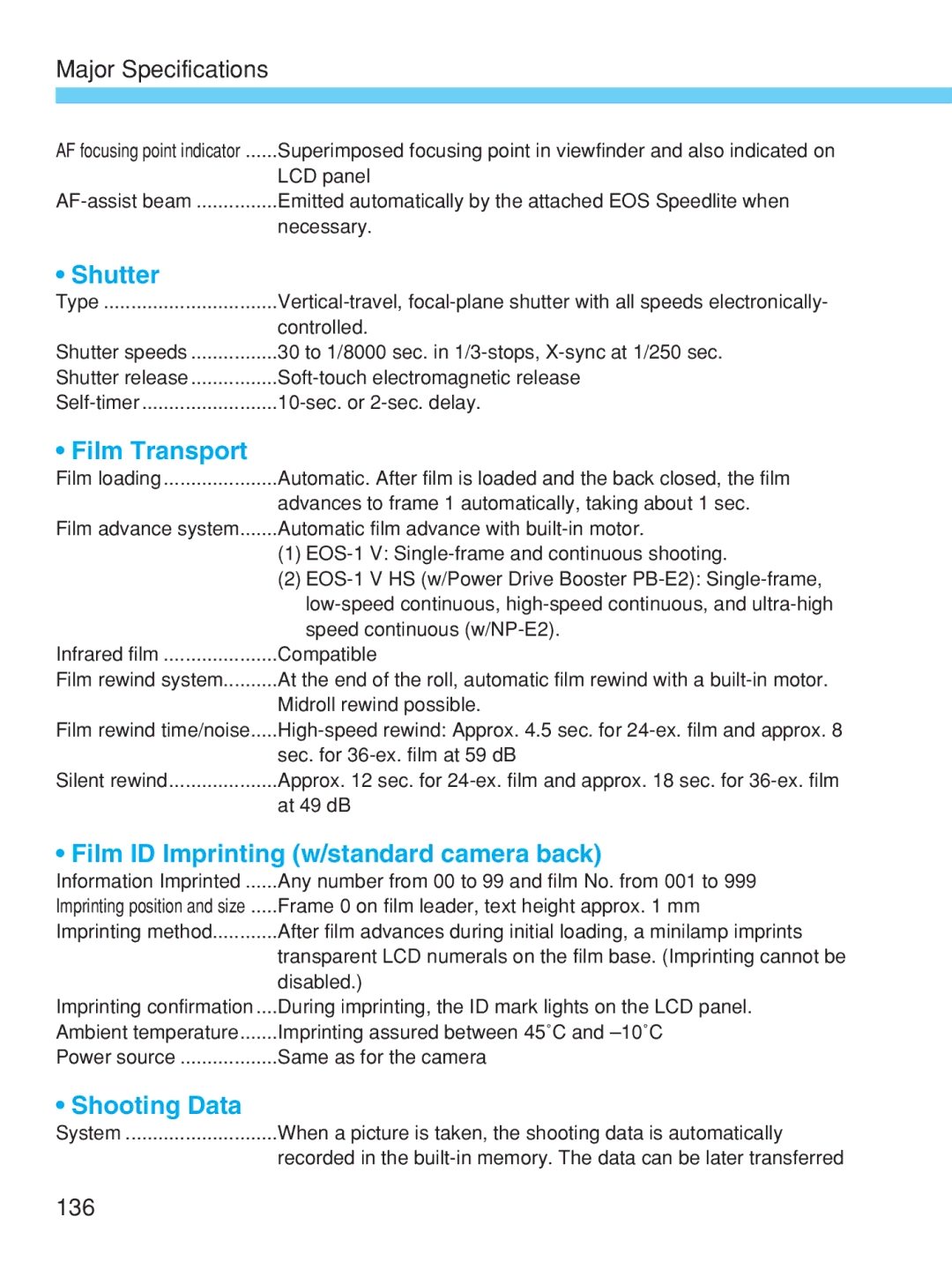 Canon EOS-1V HS manual Shutter, Film Transport, Film ID Imprinting w/standard camera back, Shooting Data 