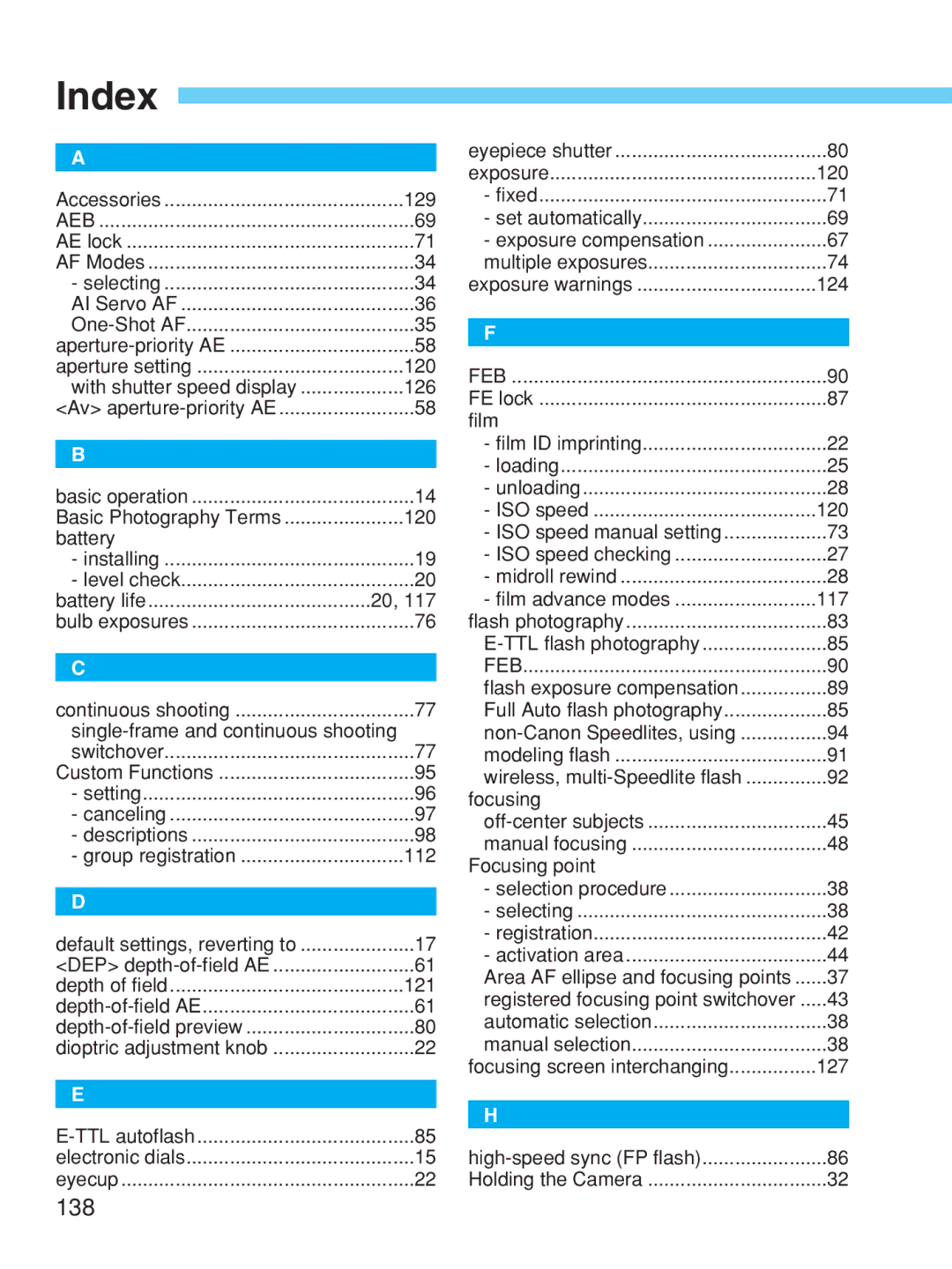 Canon EOS-1V HS manual Index, 129 