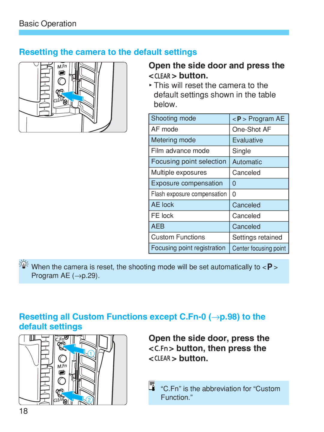 Canon EOS-1V HS manual Resetting the camera to the default settings, Open the side door and press the button 