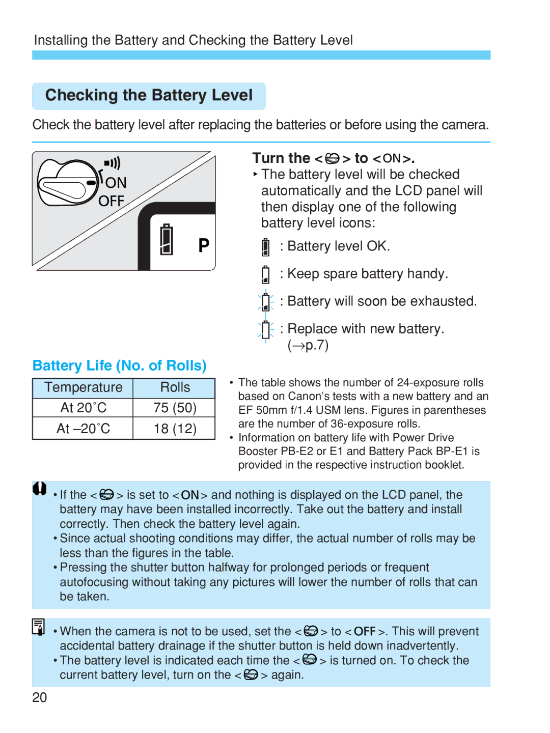 Canon EOS-1V HS manual Checking the Battery Level, Battery Life No. of Rolls, Turn the to 