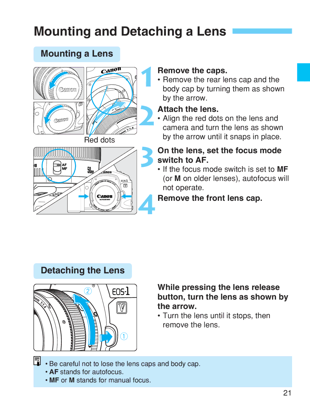 Canon EOS-1V HS manual Mounting and Detaching a Lens, Mounting a Lens, Detaching the Lens 