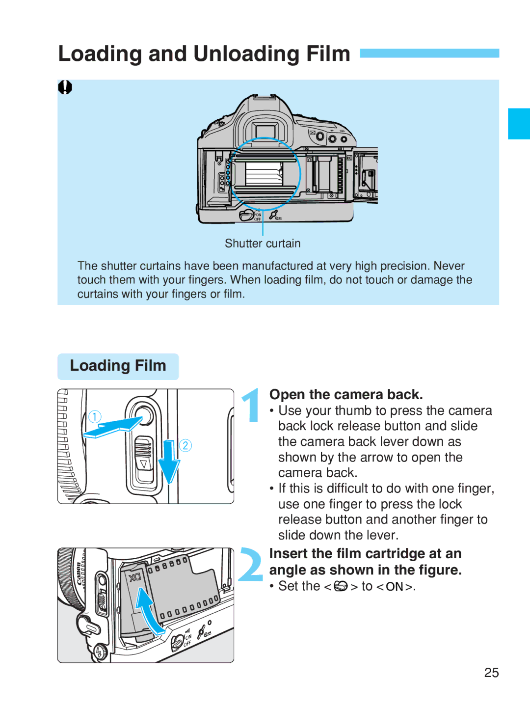 Canon EOS-1V HS manual Loading and Unloading Film, Loading Film, Open the camera back, Insert the film cartridge at an 