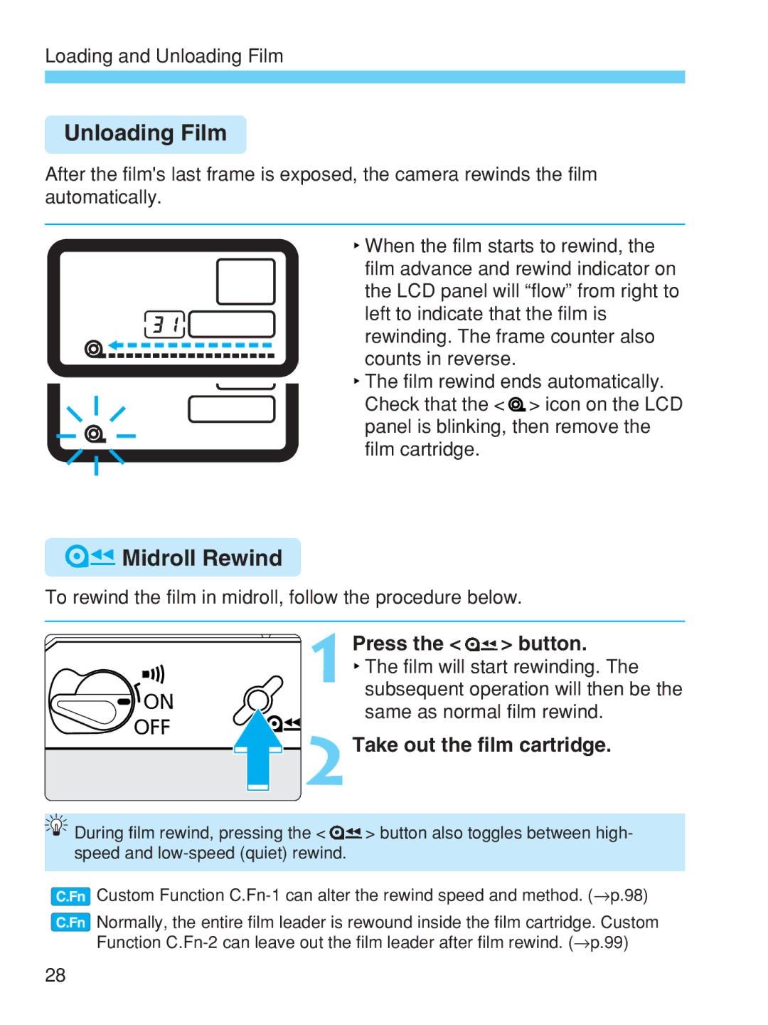 Canon EOS-1V HS manual Unloading Film, Midroll Rewind, Press the button 2Take out the film cartridge 