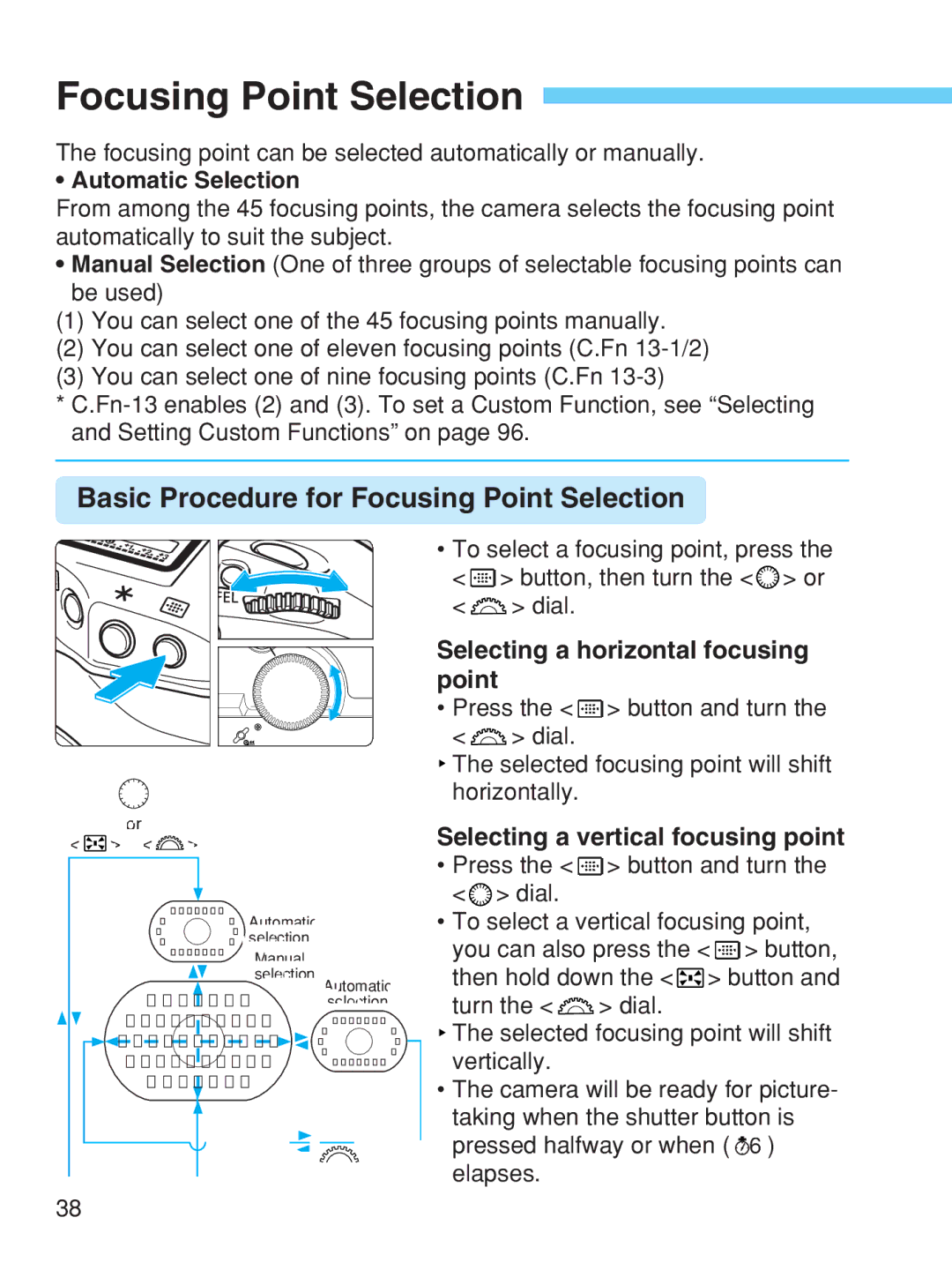 Canon EOS-1V HS manual Basic Procedure for Focusing Point Selection, Selecting a horizontal focusing point 